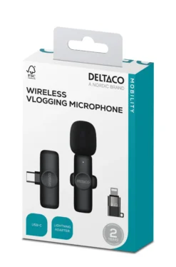 vlogging mikrofon, trådløs, USB-C/Lightning adapter, sort
