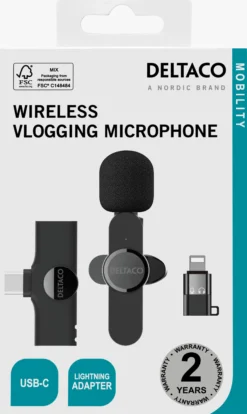 vlogging mikrofon, trådløs, USB-C/Lightning adapter, sort