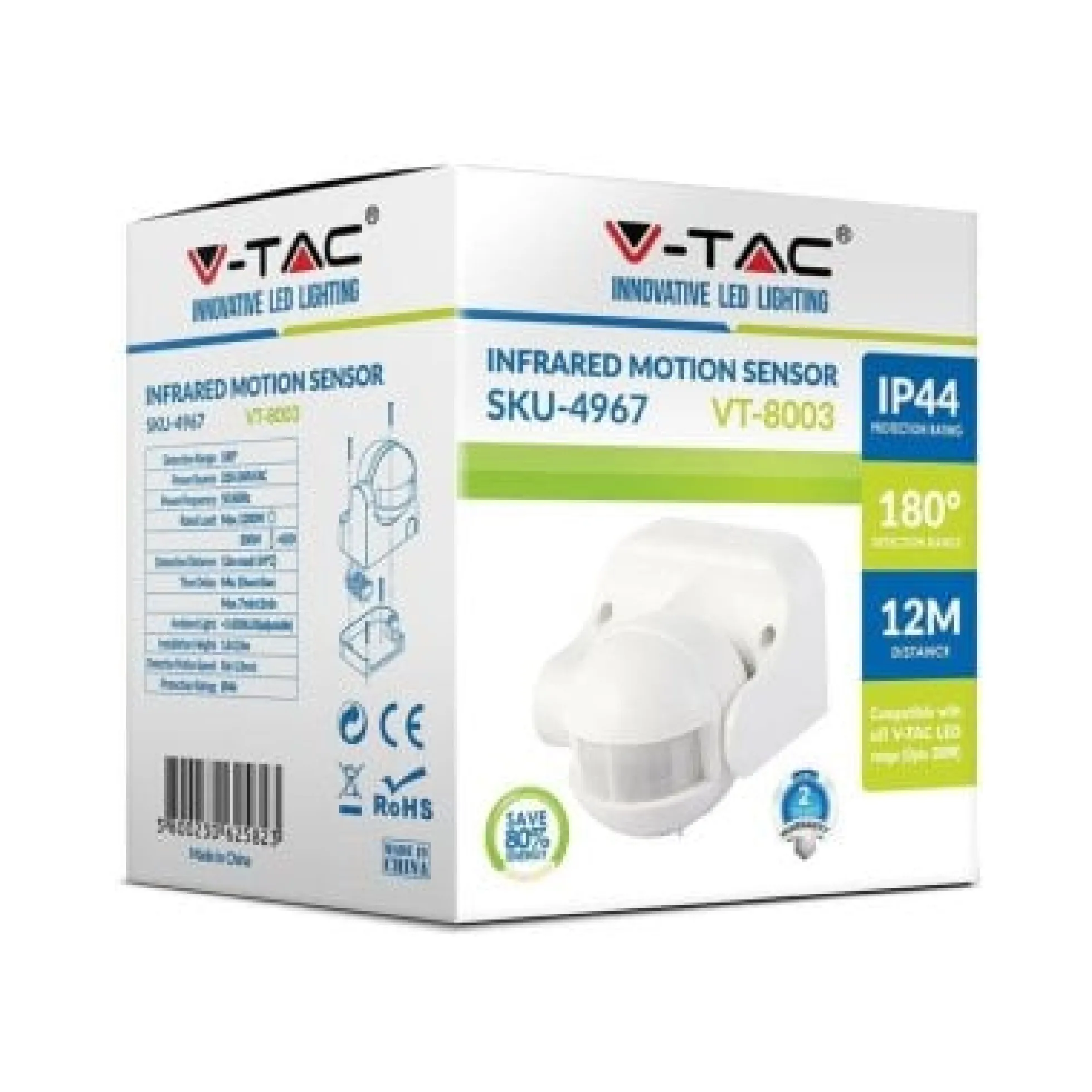V-TAC bevægelsessensor, LED venlig, hvid, PIR infrarød, IP44 udendørs, (230V input)