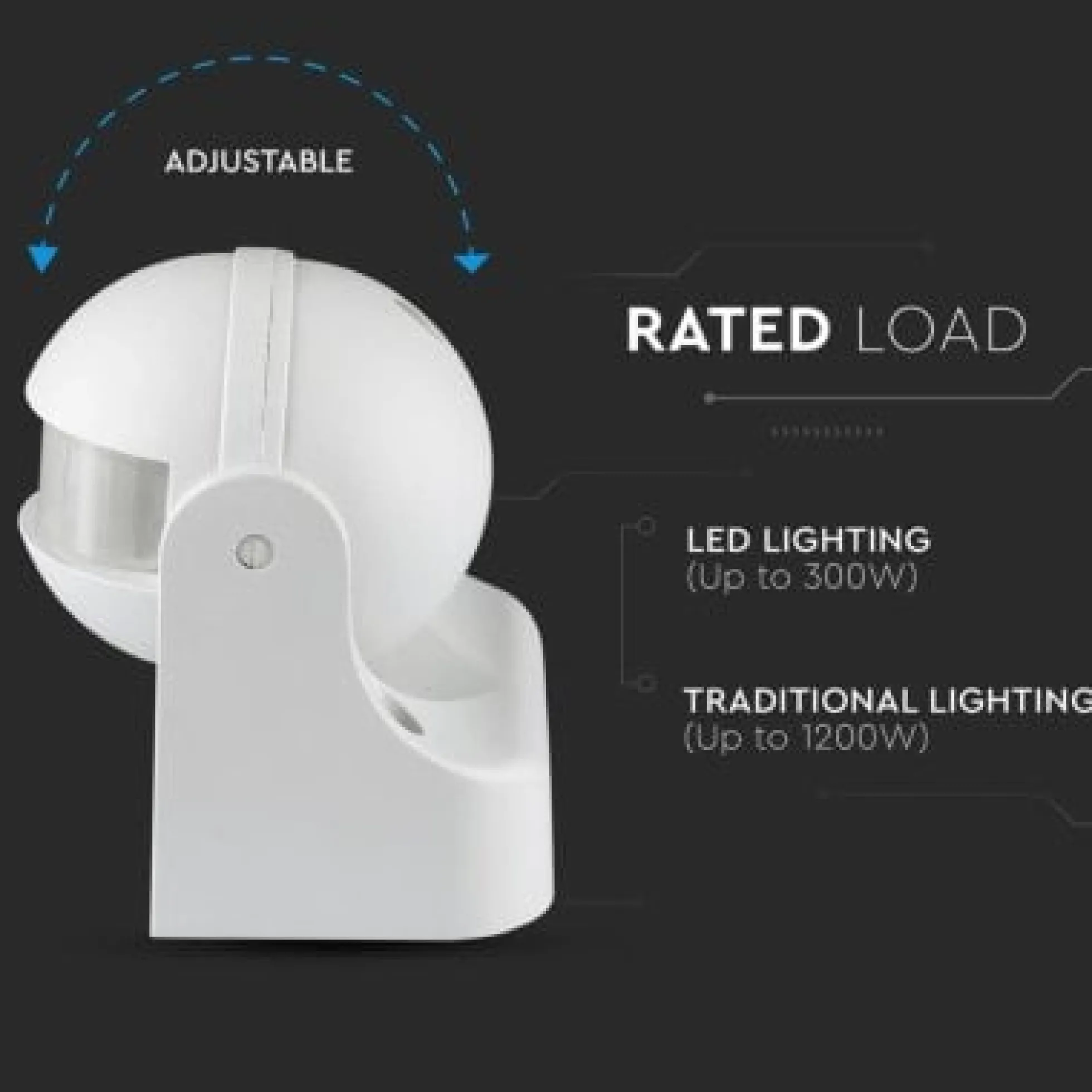 V-TAC bevægelsessensor, LED venlig, hvid, PIR infrarød, IP44 udendørs, (230V input)