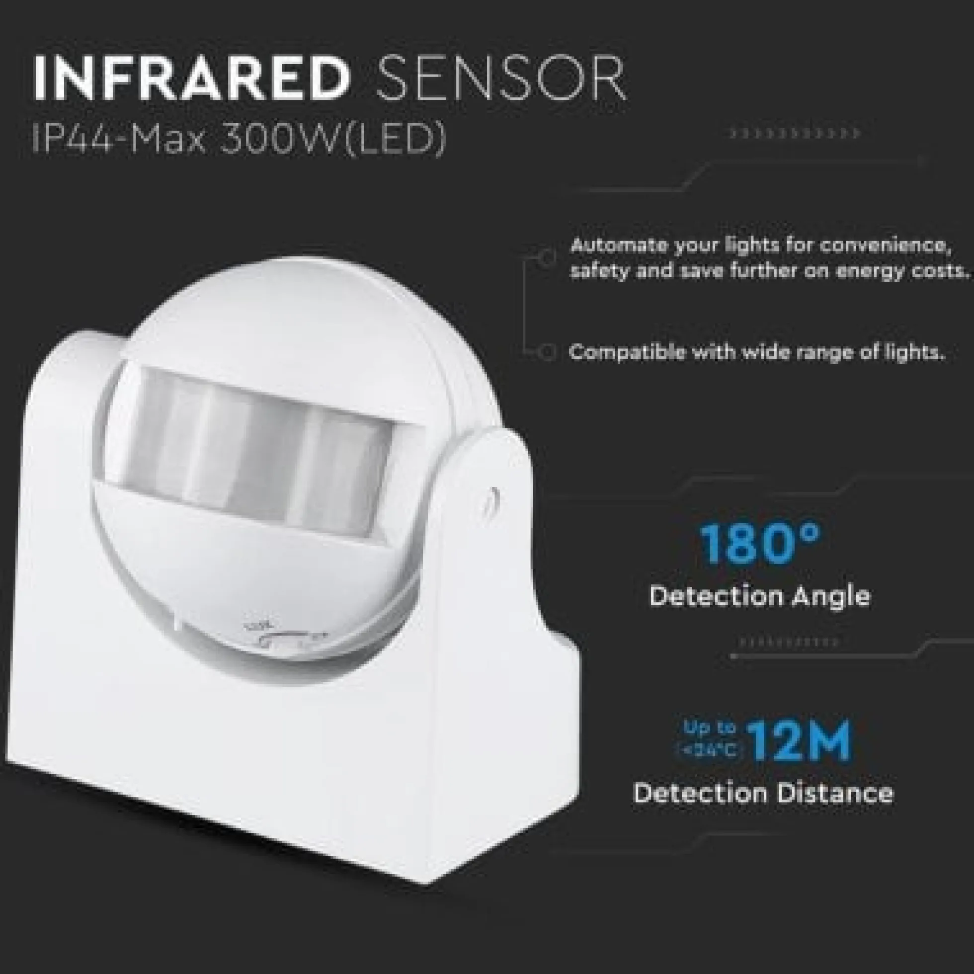 V-TAC bevægelsessensor, LED venlig, hvid, PIR infrarød, IP44 udendørs, (230V input)