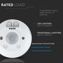 V-Tac Bevægelsessensor 360° PIR, 1000W, 6 meter, IP20, indendørs, 230V