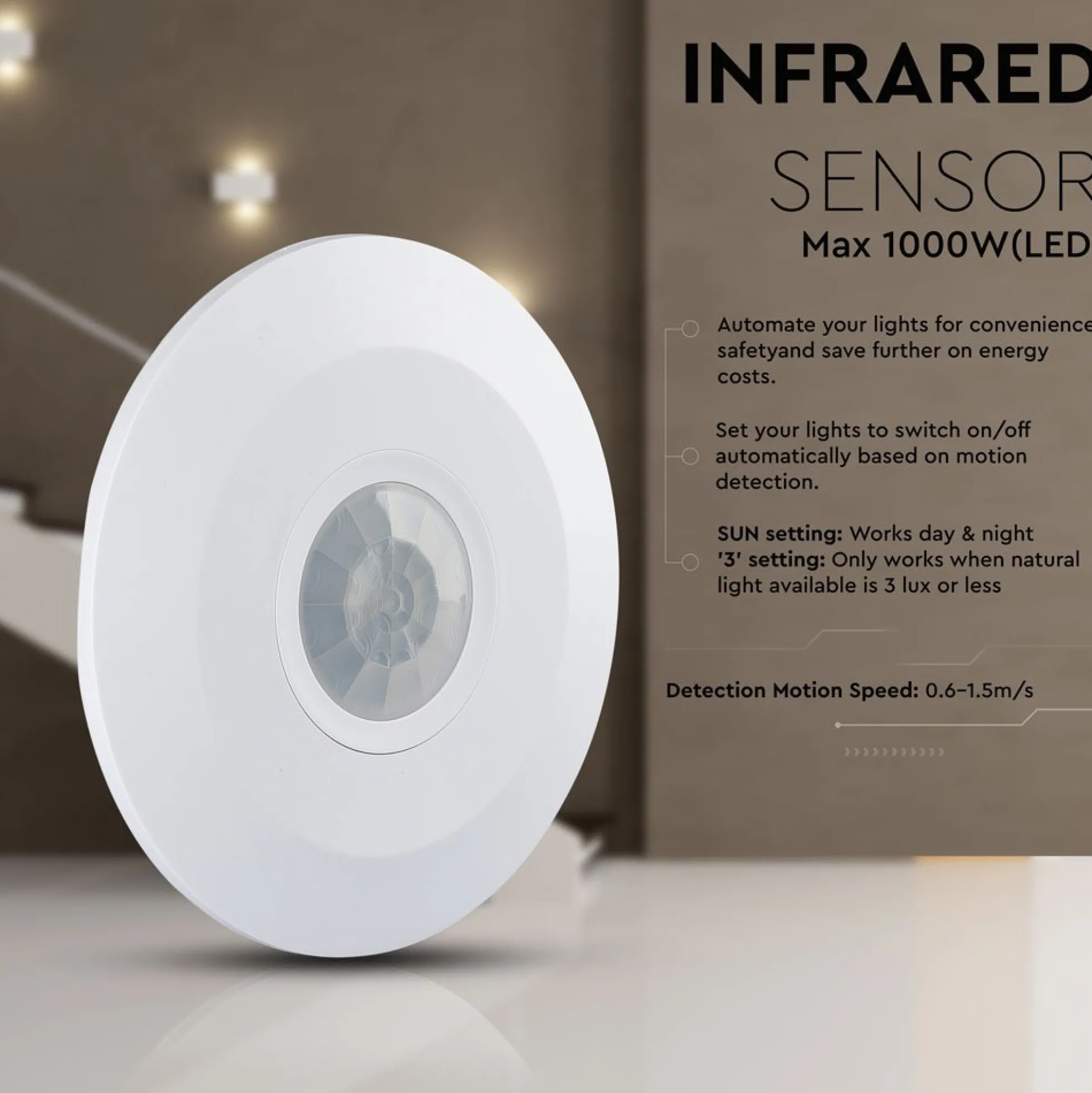 V-Tac Bevægelsessensor 360° PIR, 1000W, 6 meter, IP20, indendørs, 230V