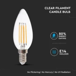 V-Tac E14 4W LED kertepære med kultråd, 400 lumen, 2700K, ikke dæmpbar