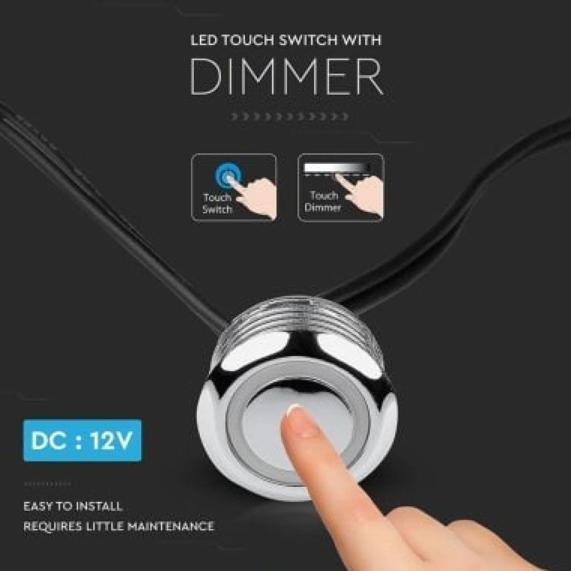 V-Tac LED touch afbryder og dæmper - Sort, 12V (60W), 1,5 meter, DC stik