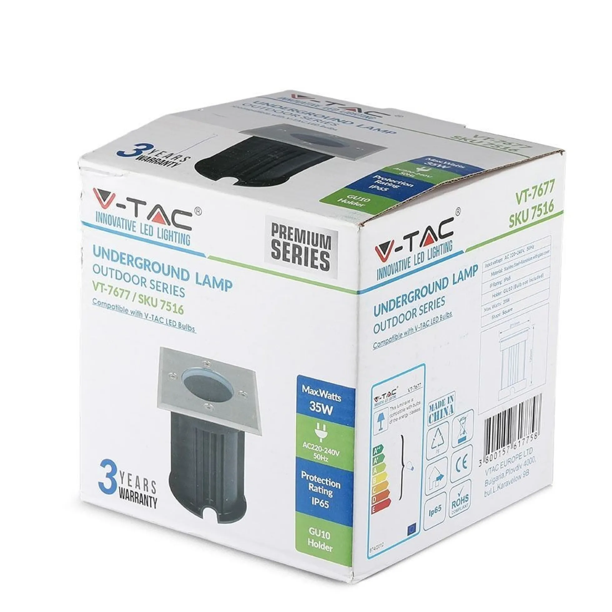 V-Tac nedgravningsspot, firkantet, aluminium, GU10 fatning, IP65