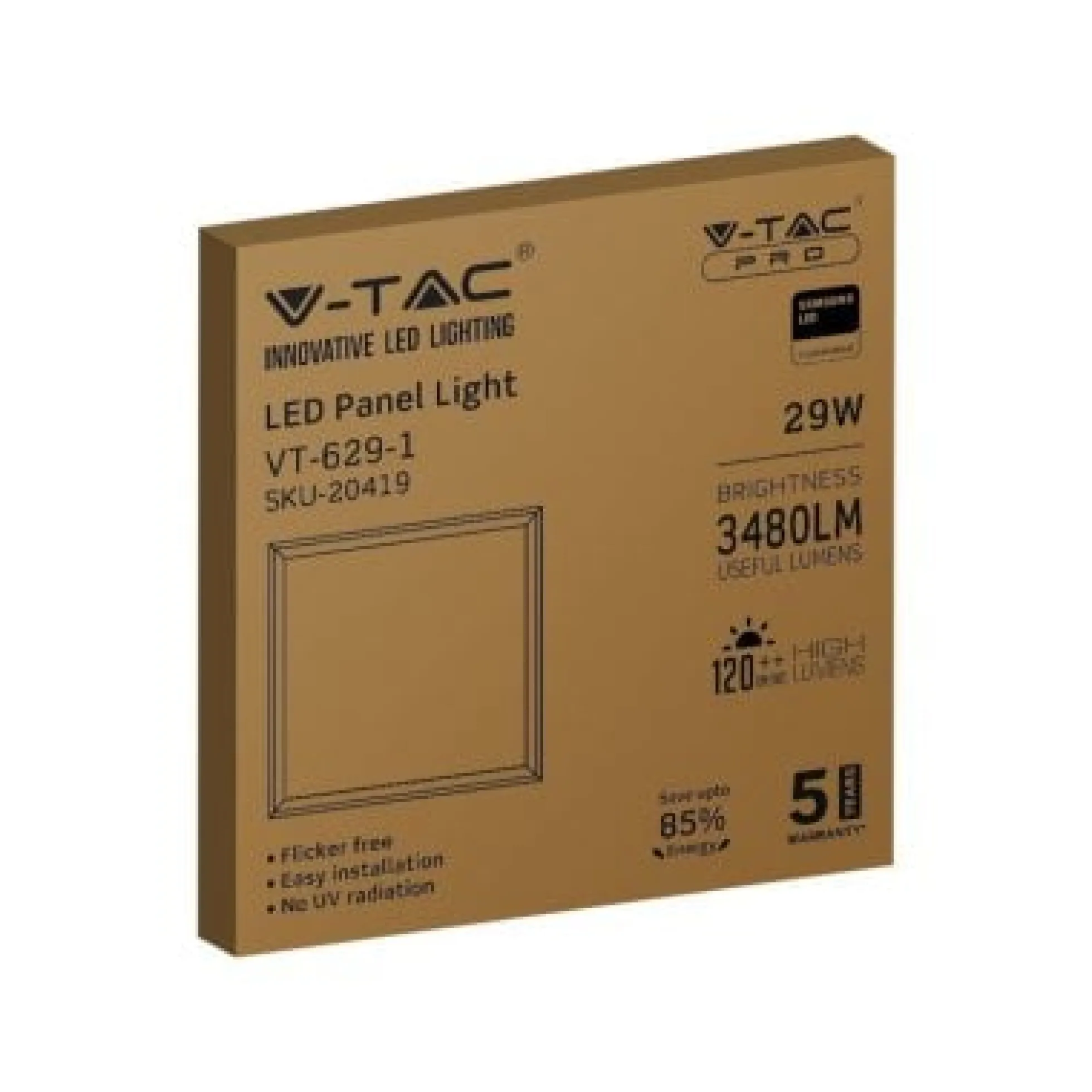 V-TAC Samsung LED-panel 60x60 cm, 4000K, 29W, 3480lm, CRI80, hvid kant, flicker free (restsalg)