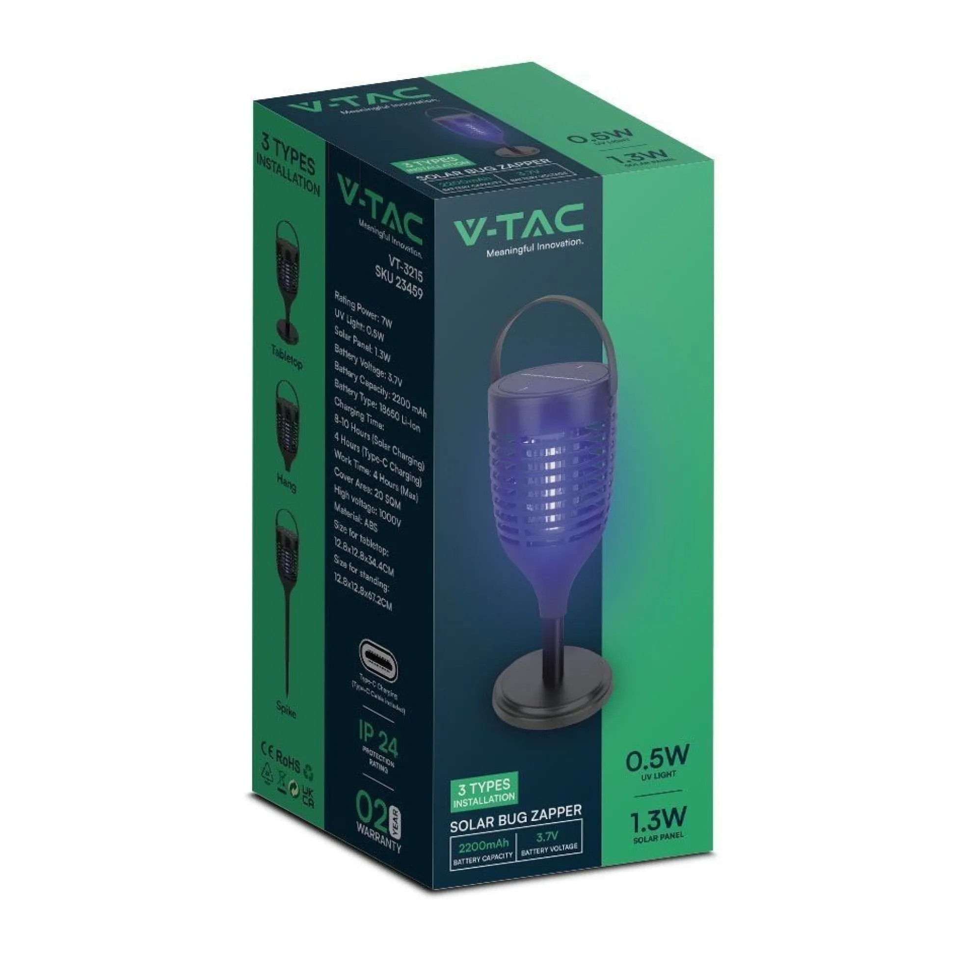 V-Tac solcelle insektlampe, sort, 3-i-1, IP24