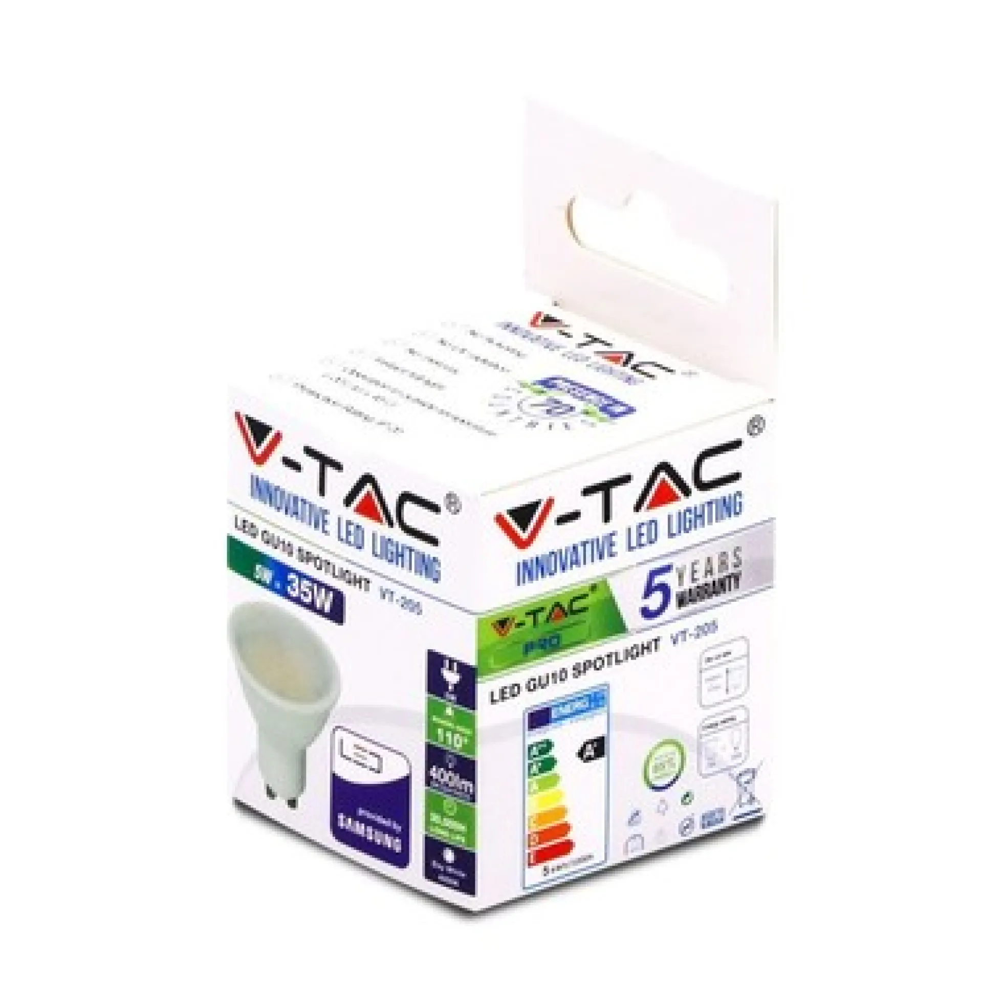 V-TAC 4,5W LED GU10-pære, 3000K, 400lm, 110°, 80Ra
