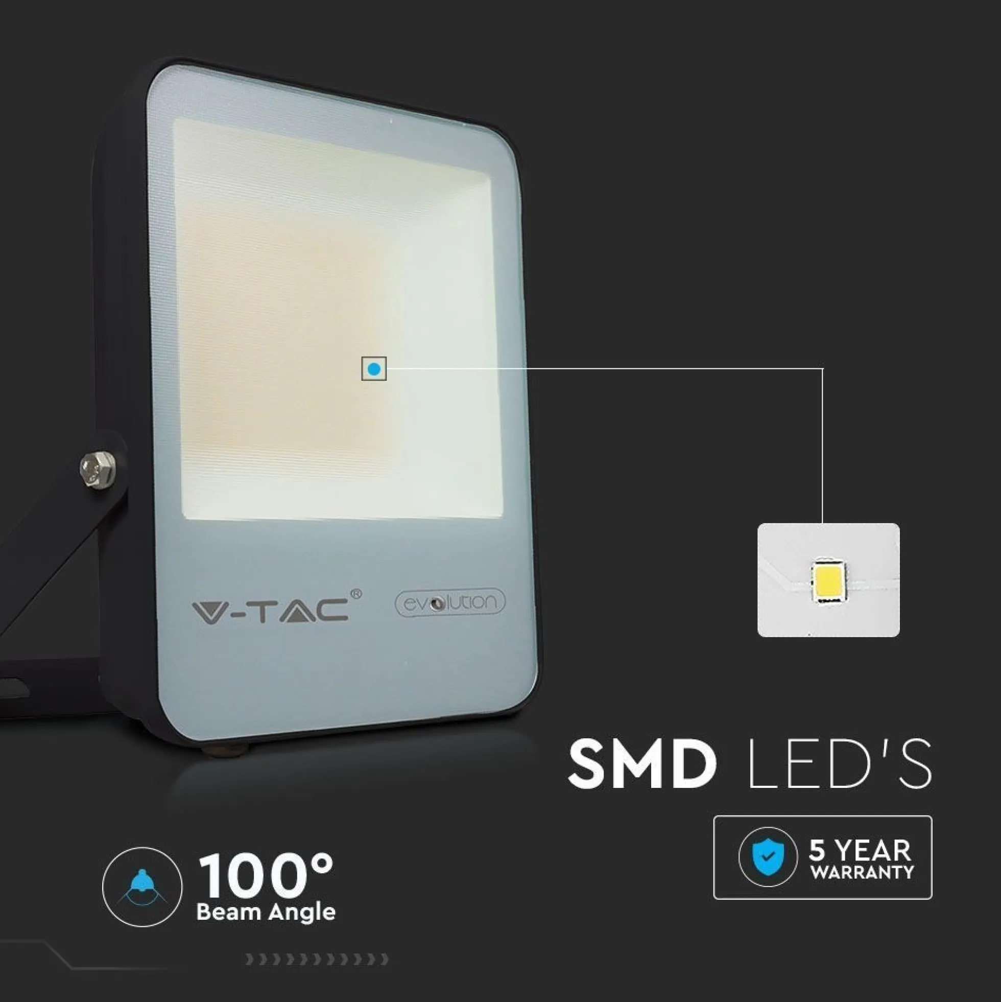 V-Tac 30W LED projektør, 157lm/W, arbejdslampe, udendørs, ikke dæmpbar, sort hus, kold hvid