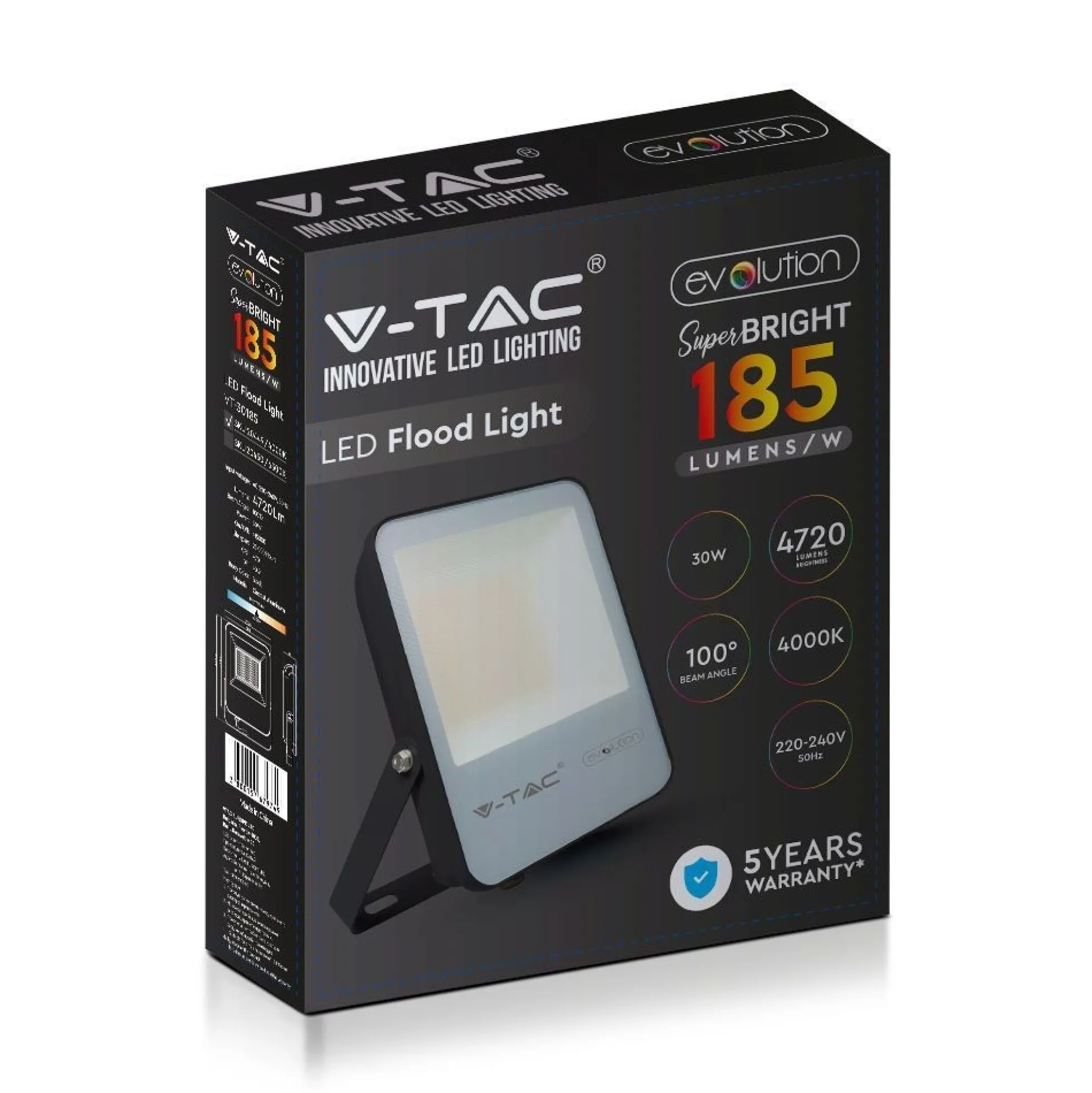 V-Tac 30W LED projektør, 157lm/W, arbejdslampe, udendørs, ikke dæmpbar, sort hus, kold hvid