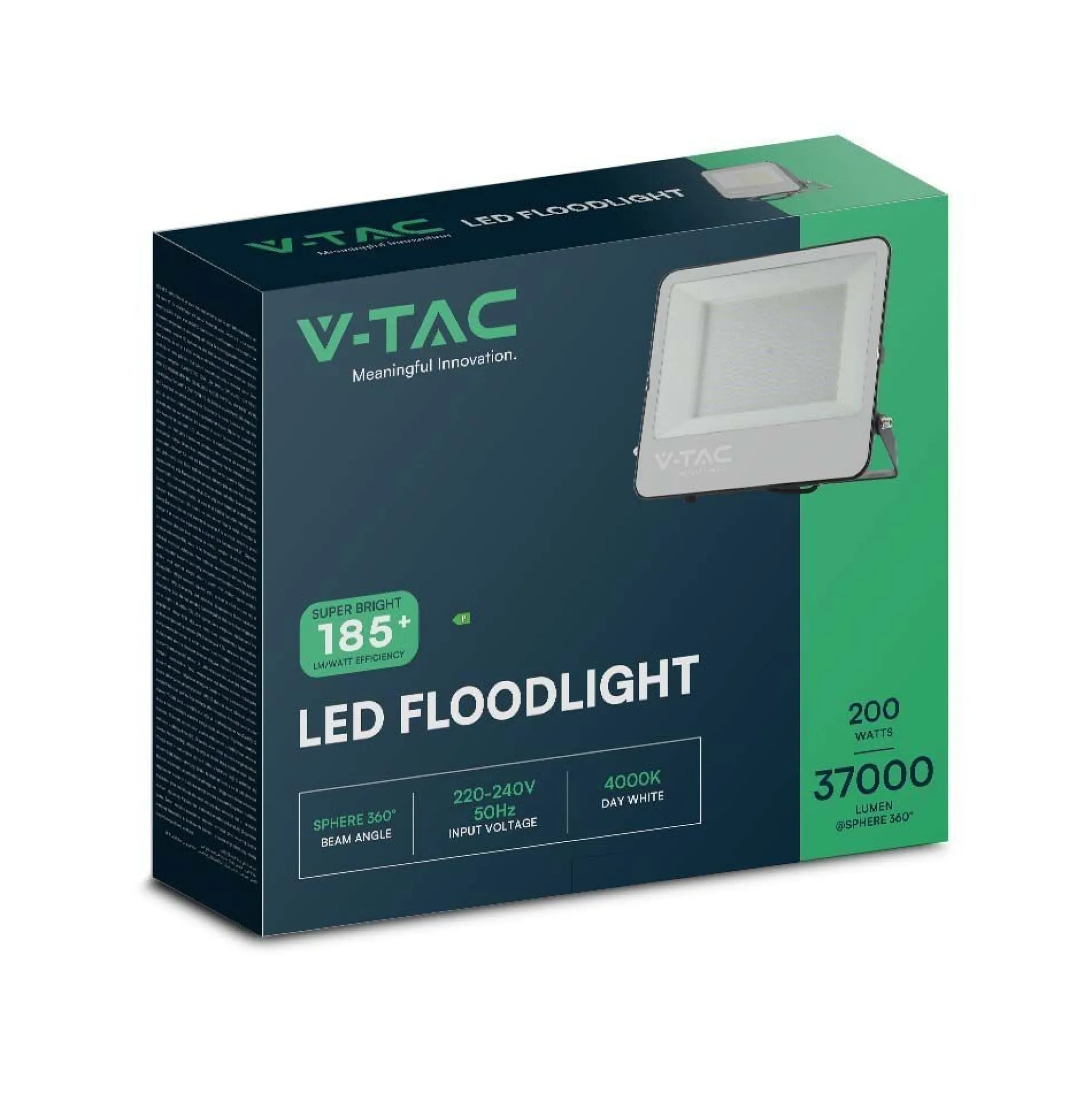 V-Tac 200W LED projektør, 185lm/W, 37000 lumen, 6500K, IP65, sort