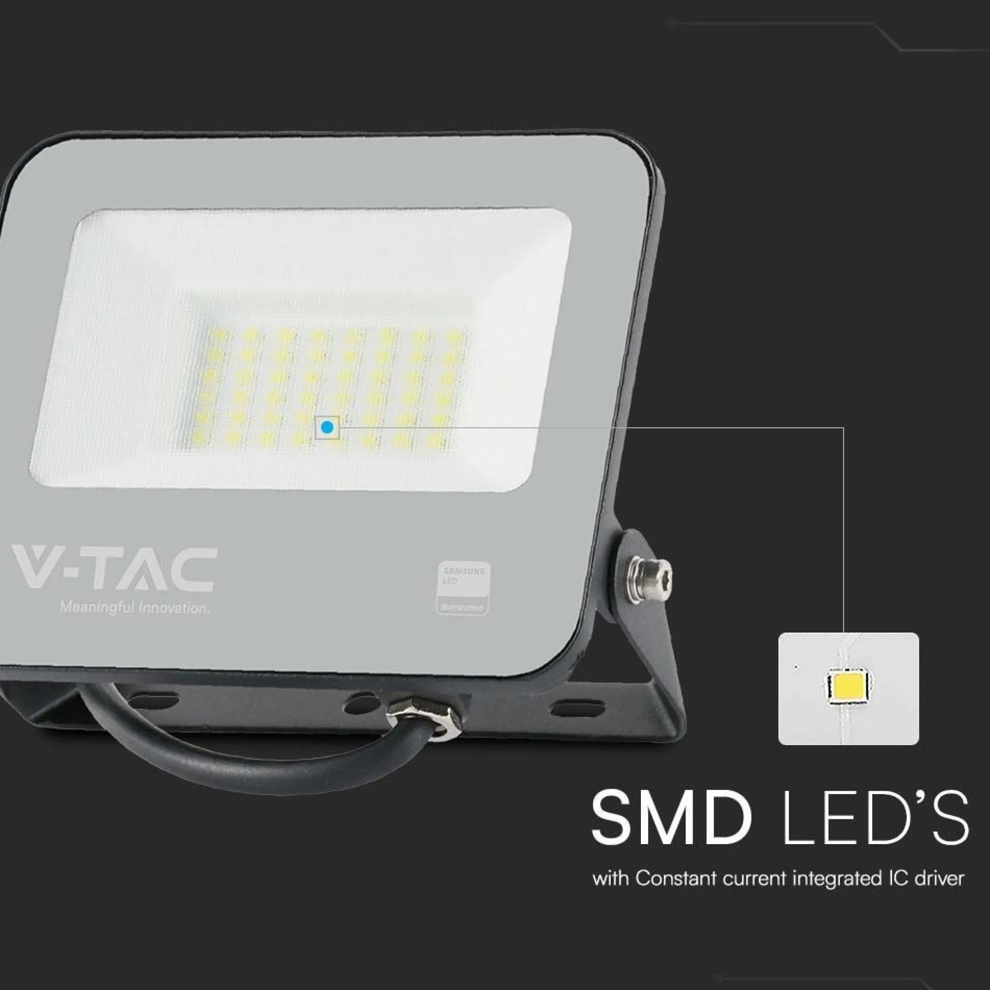 V-Tac 30W LED projektør, 135lm/W - Samsung LED chip, udendørs arbejdslampe, 1m ledning, IP65