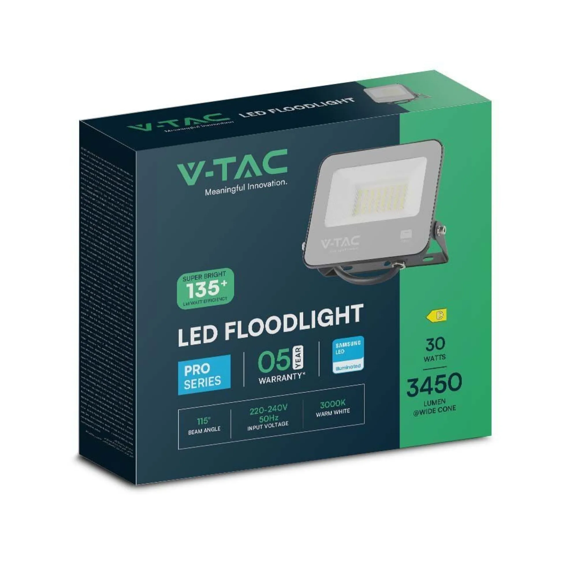 V-Tac 30W LED projektør, 135lm/W - Samsung LED chip, udendørs arbejdslampe, 1m ledning, IP65