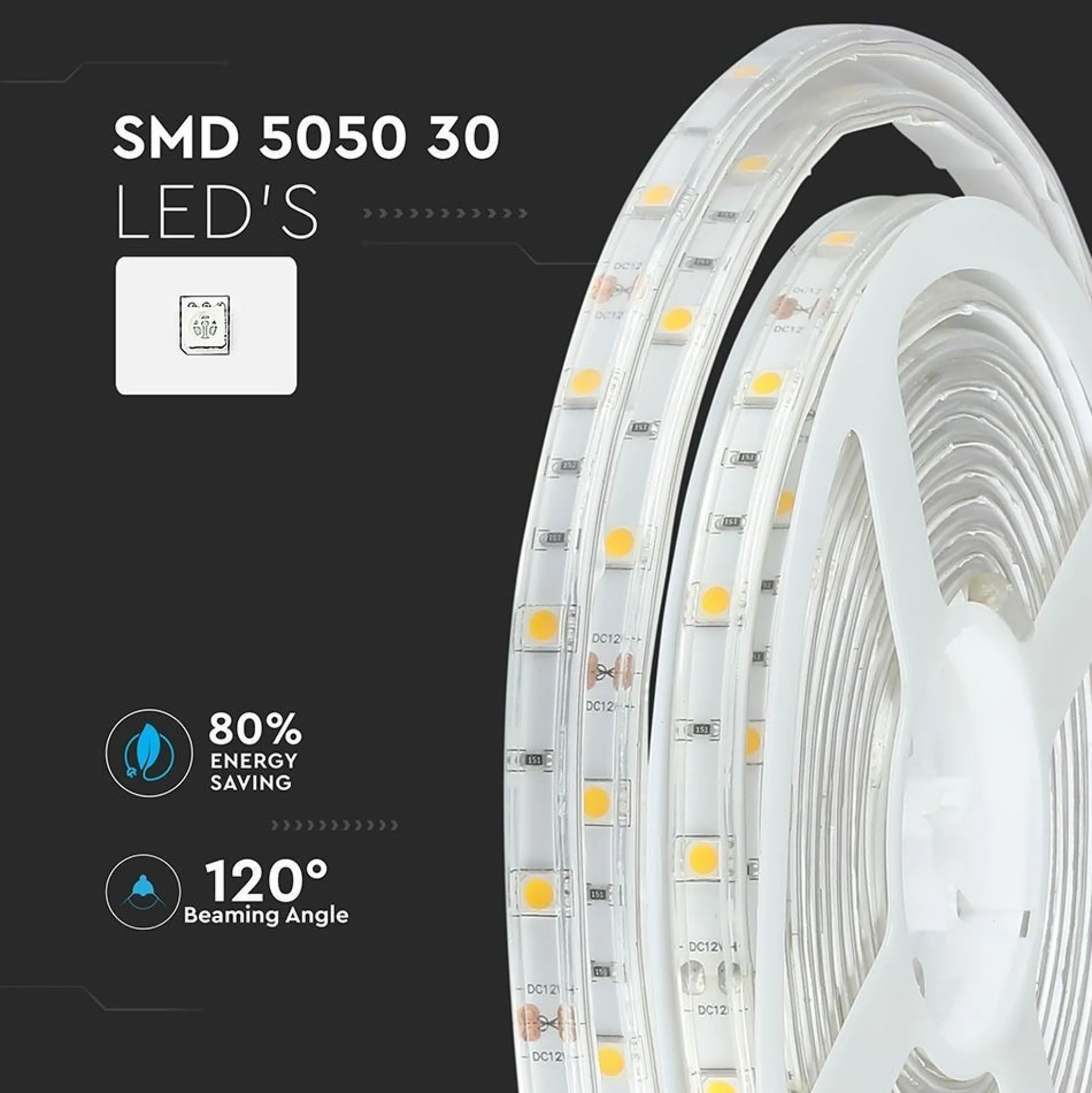 V-Tac 4,8W/m RGB vandtæt LED strip, 5 meter, 30 LED pr. meter, 400lm/m, 12V, IP65