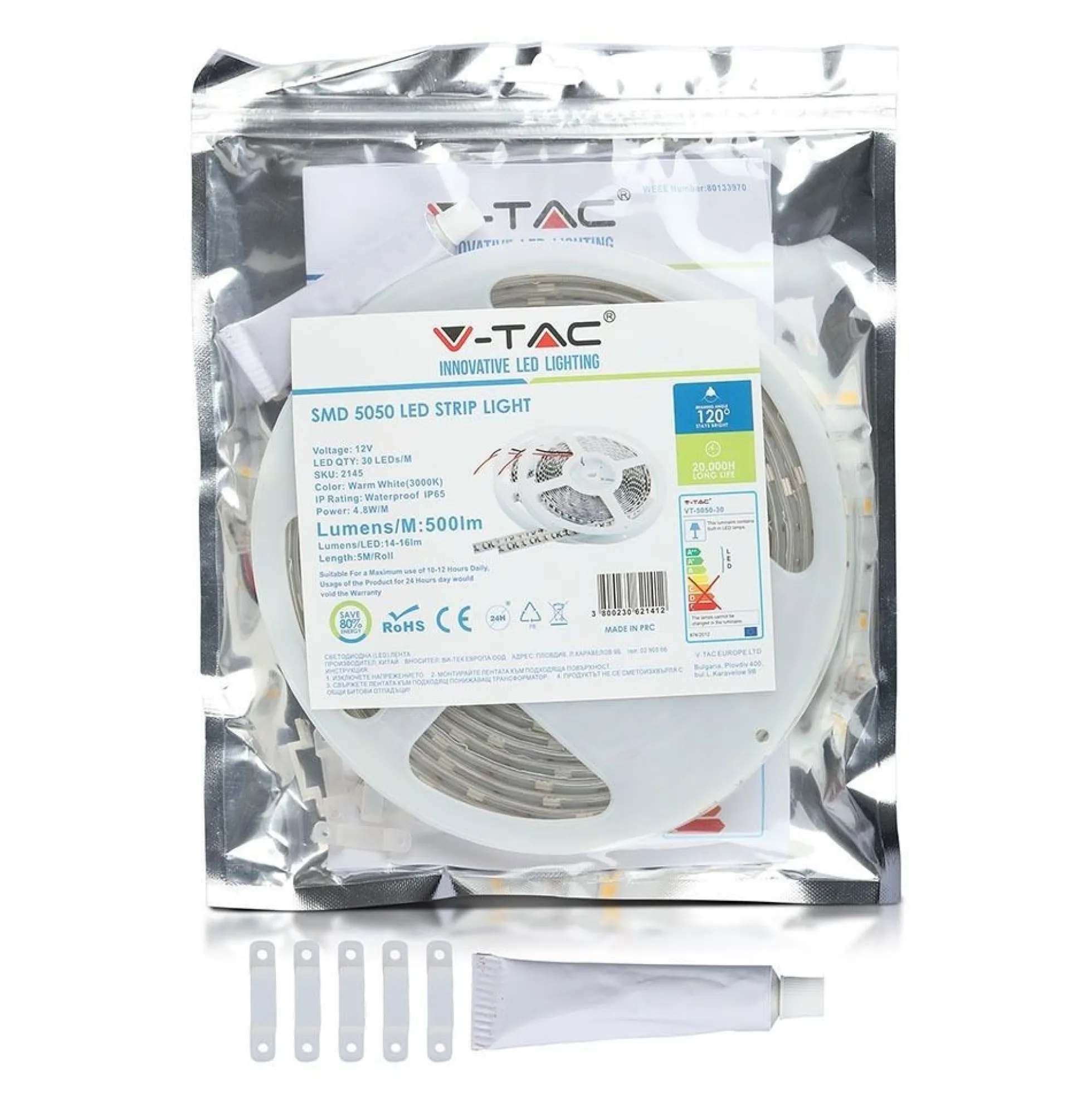 V-Tac 4,8W/m RGB vandtæt LED strip, 5 meter, 30 LED pr. meter, 400lm/m, 12V, IP65