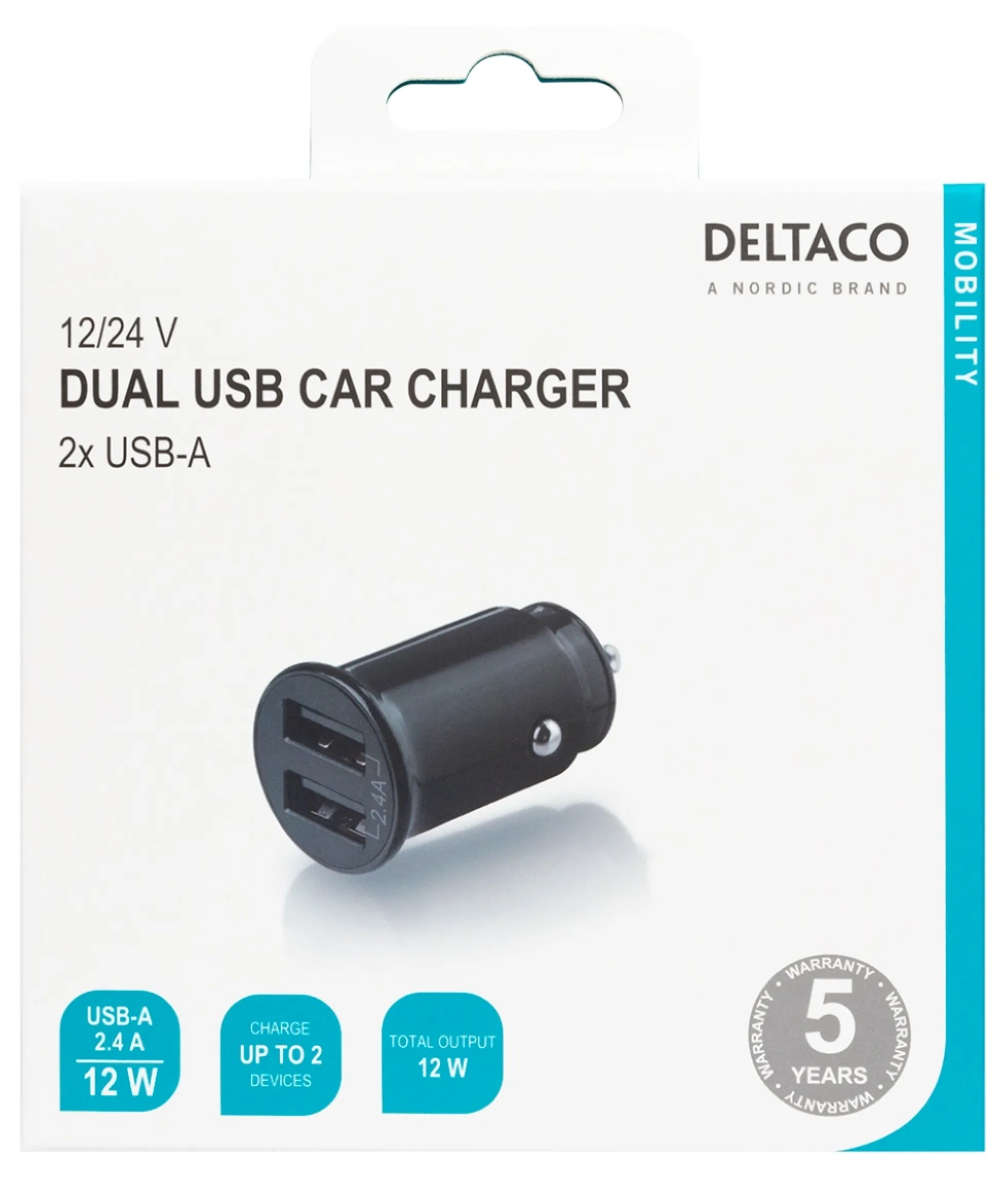 12/24 V USB-biloplader, kompakt størrelse, dobbelt USB-A porte