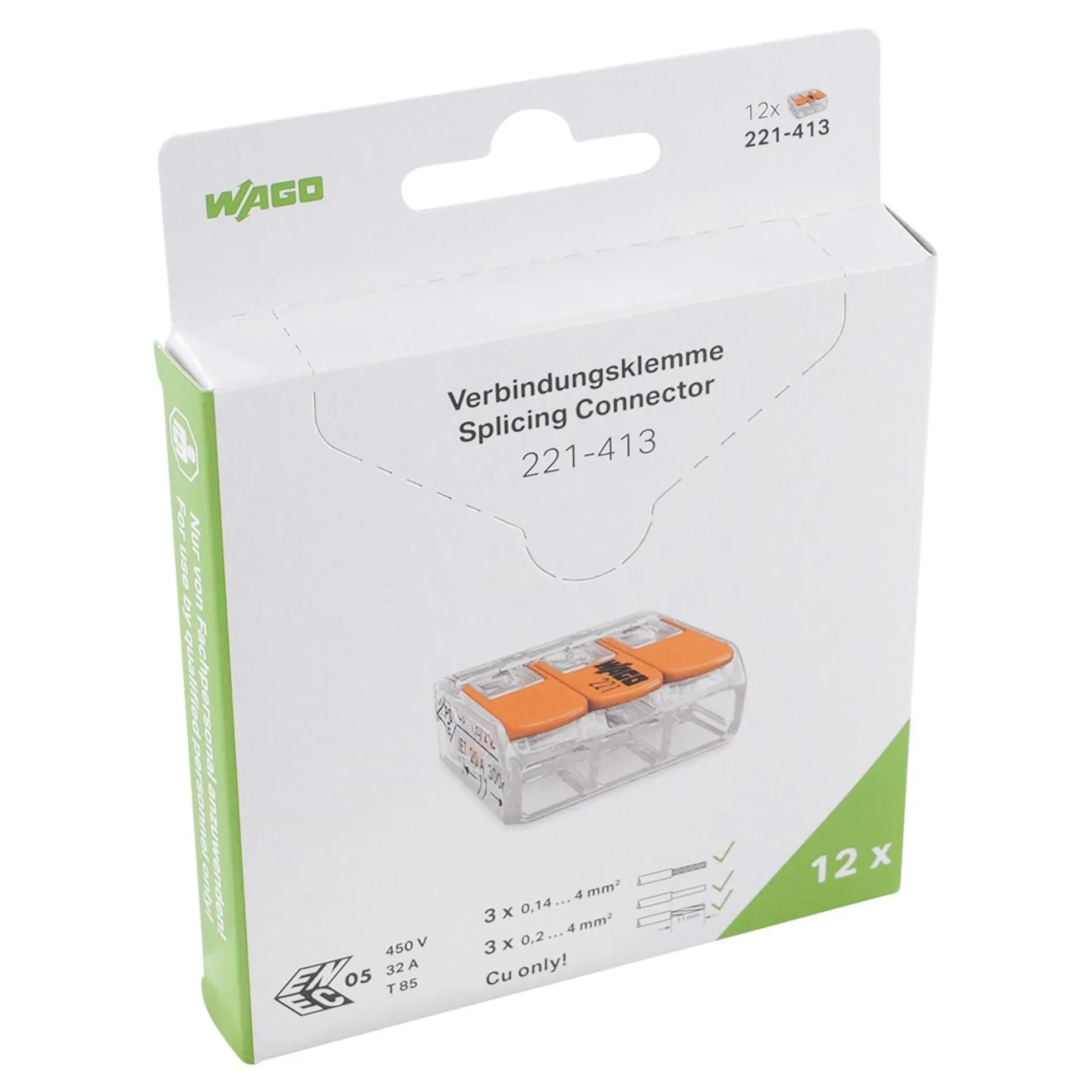 WAGO 221 samlemuffe med 3 huller huller for 0,2 til 4 mm² ledning, transparent - 12 stk gør-det-selv pakke