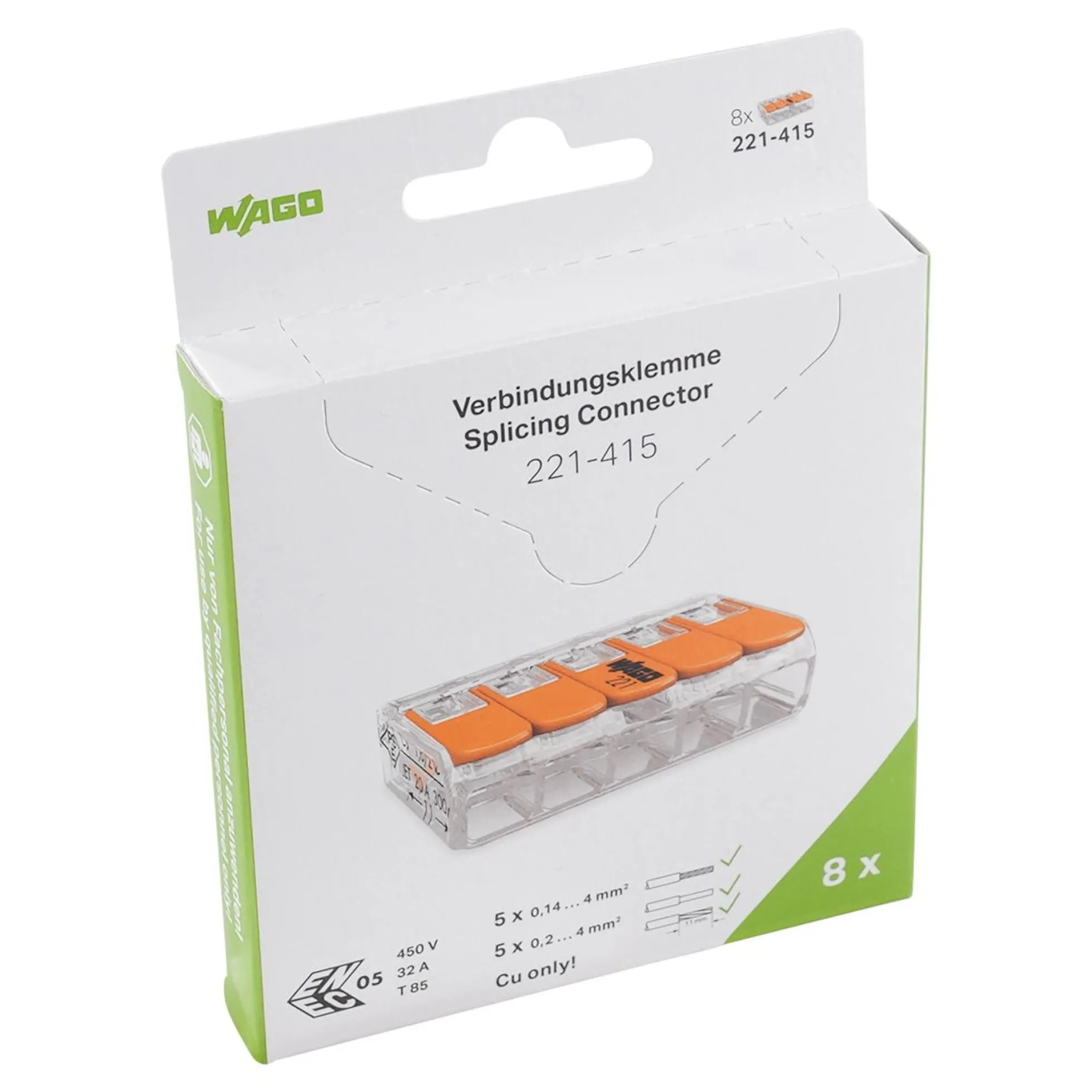 WAGO 221 samlemuffe med 5 huller huller for 0,2 til 4 mm² ledning, transparent - 8 stk gør-det-selv pakke