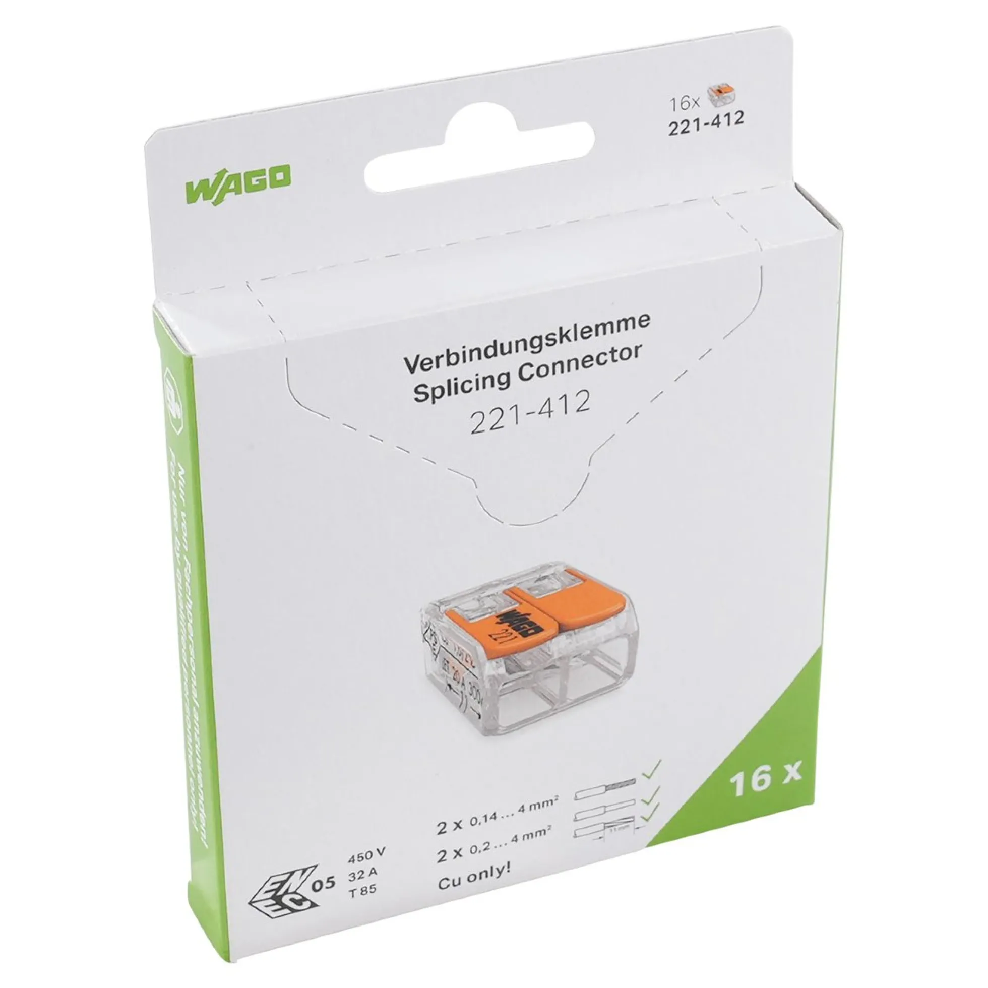 WAGO 221 samlemuffe med 2 huller huller for 0,2 til 4 mm² ledning, transparent - 16 stk gør-det-selv pakke