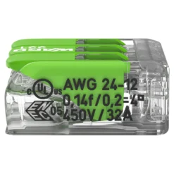 WAGO Samlemuffe, 3x0,2-4 mm², serie 221, transparent, med grøn pal