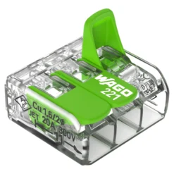 WAGO Samlemuffe, 3x0,2-4 mm², serie 221, transparent, med grøn pal