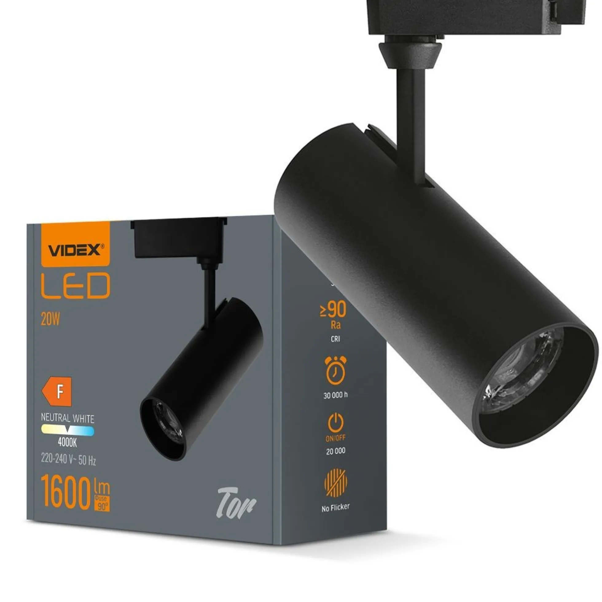 20W 1-faset RA90 Tor skinnespot, 1F2W, 4000K, 36° spredning - Aluminium
