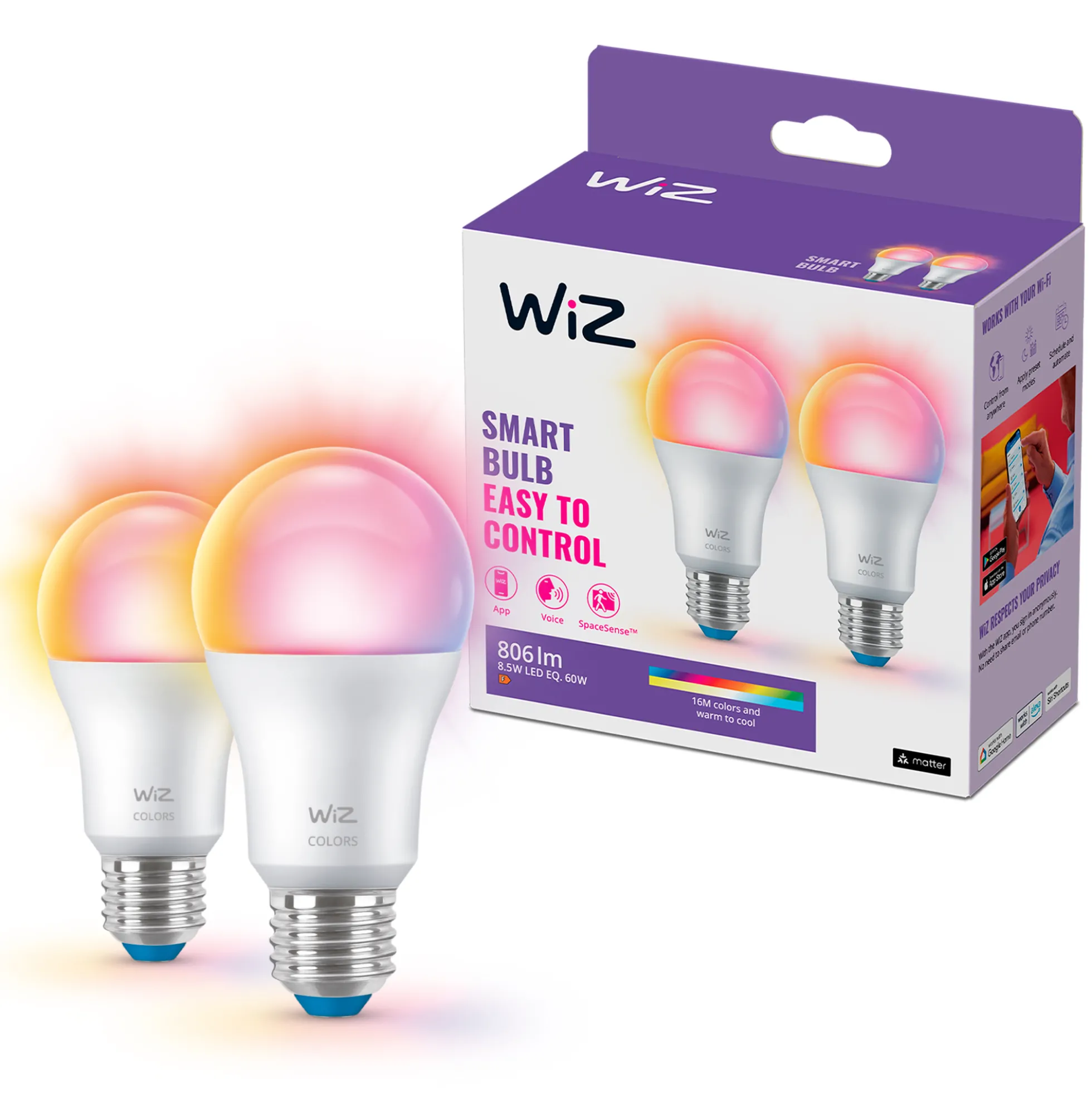 WiZ E27 LED-pære, A60, 806lm, Color, 8,5W, WiFi/Matter - 2 pak