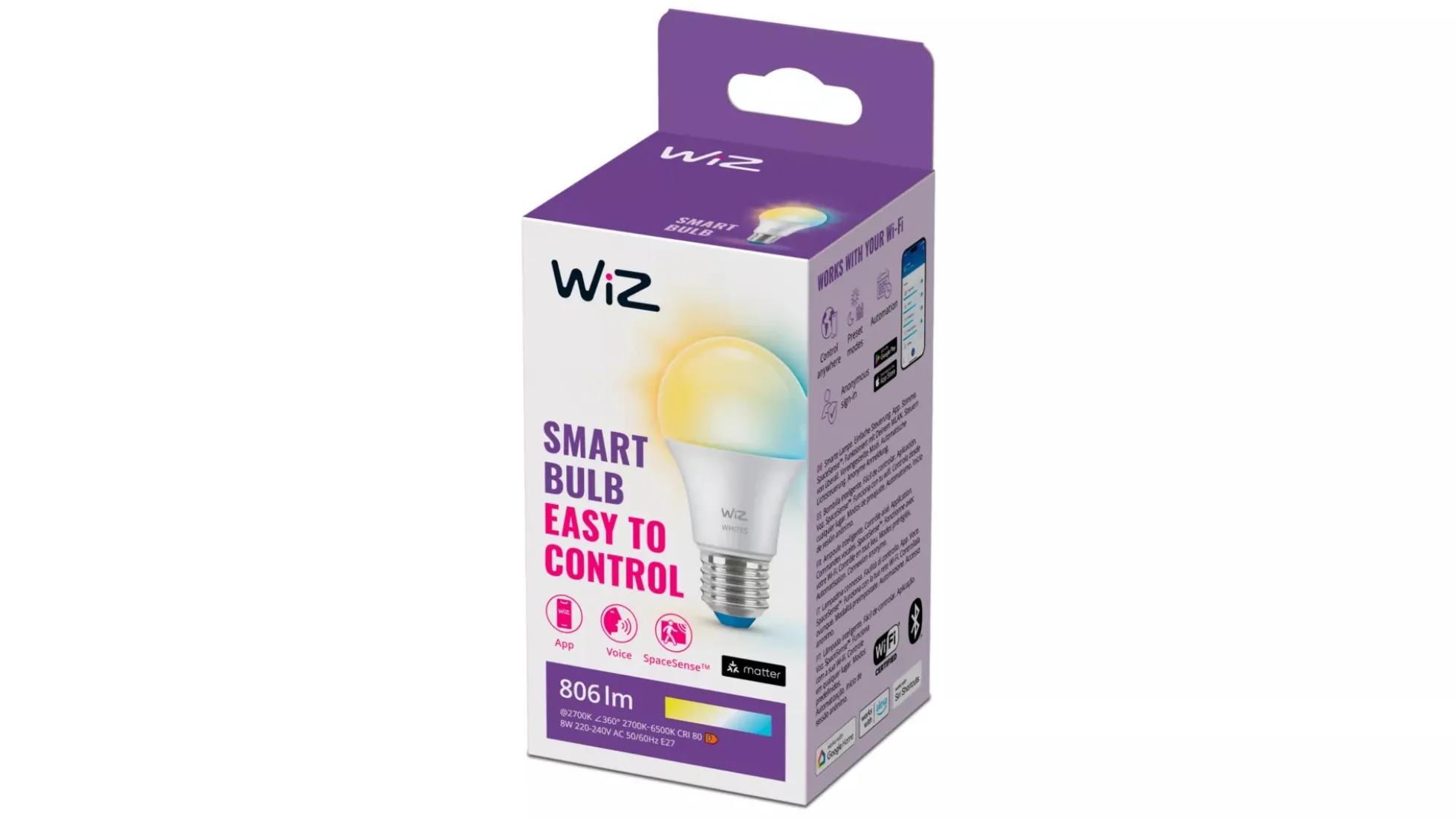 WiZ E27 LED-pære, Globe, 806lm, Tunable White, 8 W, WiFi/Matter