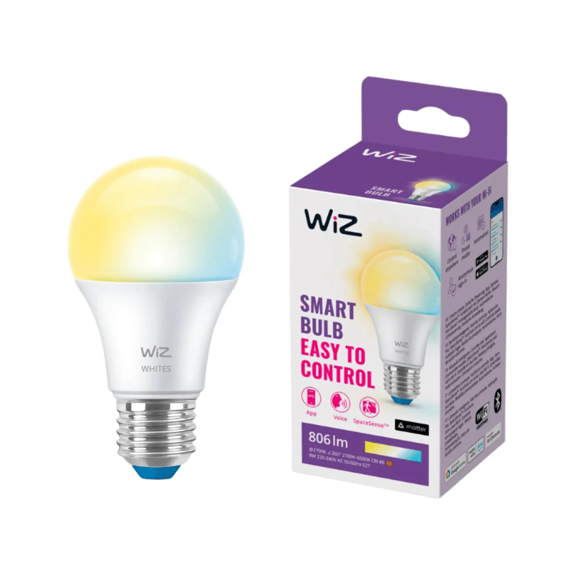 WiZ E27 LED-pære, Globe, 806lm, Tunable White, 8 W, WiFi/Matter