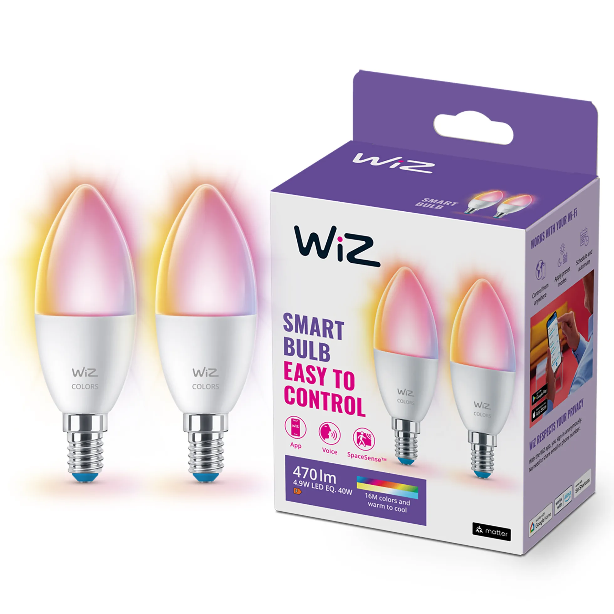 WiZ E14 LED-pære, kerte, 470lm, Color, 4,9W, WiFi/Matter - 2 pak