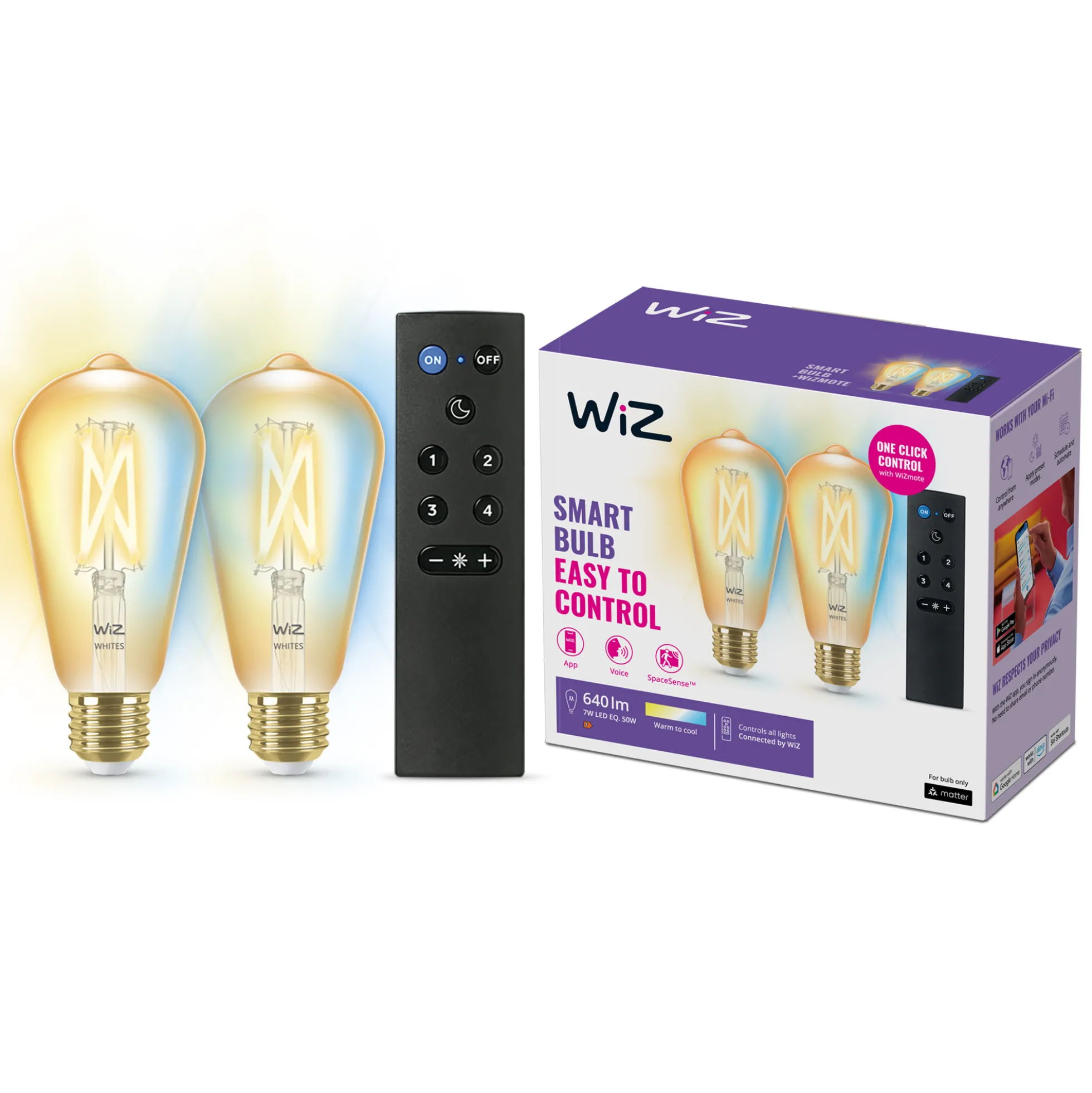 WiZ E27 LED-pære, ST64 amber, 640lm, Tunable White, 7 W, WiFi/Matter - 2 pak inkl. remote