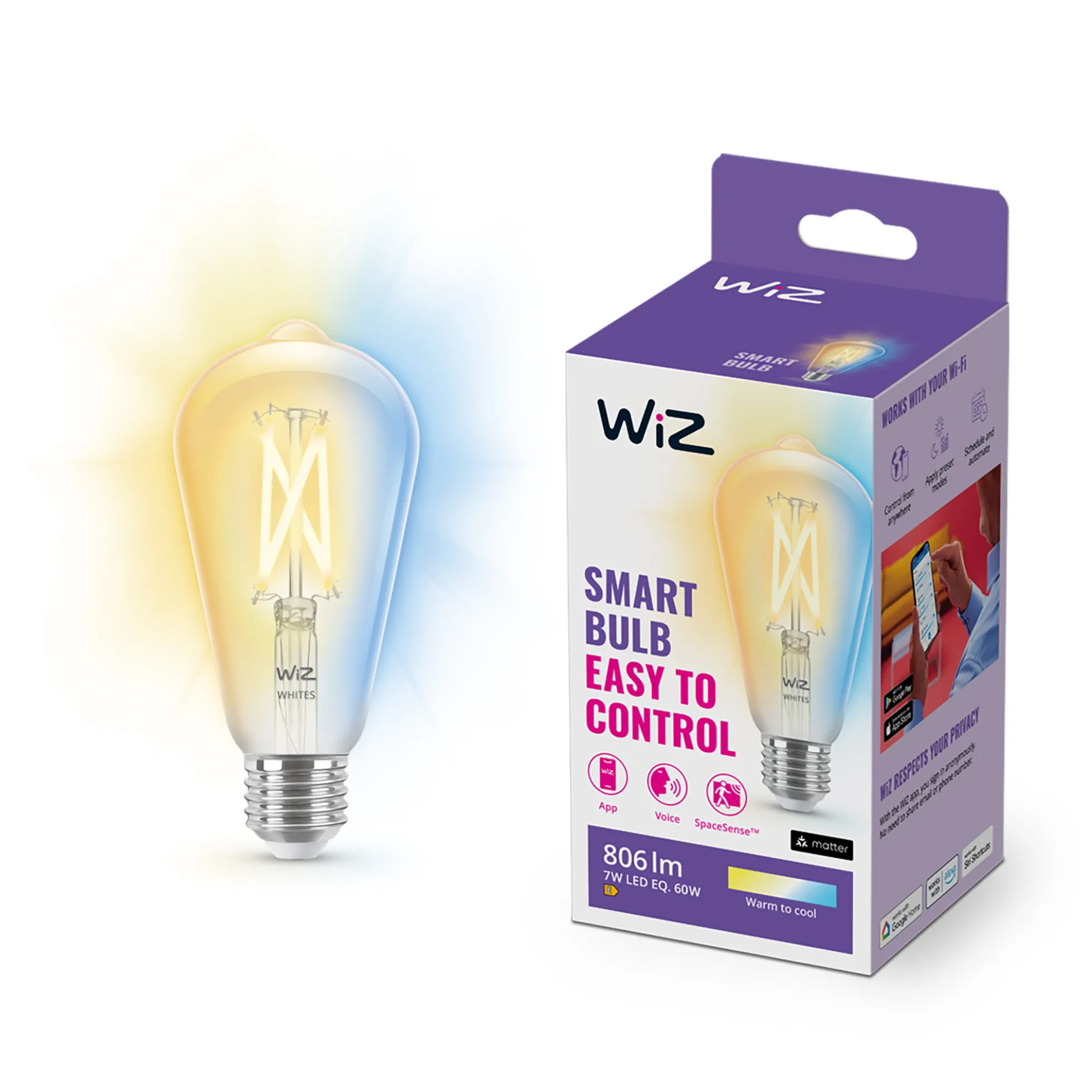 WiZ E27 LED-pære, ST64 klar, 806lm, Tunable White, 7W, WiFi/Matter