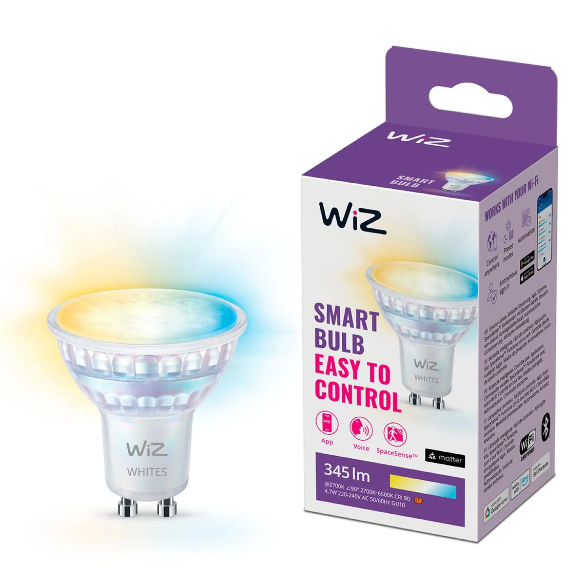 WiZ GU10 LED-pære, 345lm, Tunable White, 4,7W, WiFi/Matter
