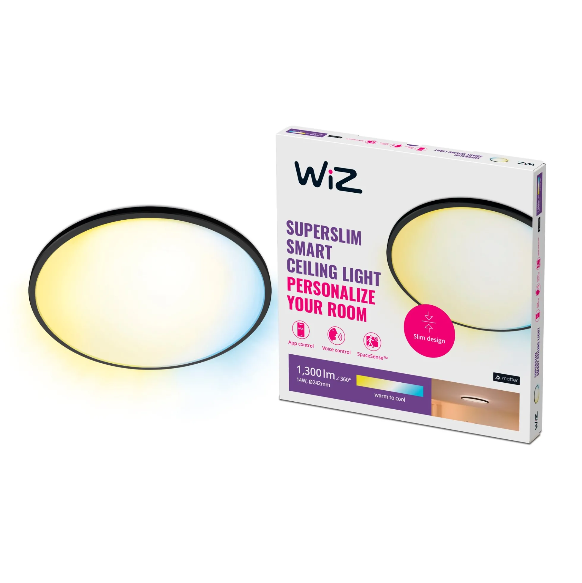 WiZ SuperSlim plafond, Ø24 cm, 1300lm, Tunable White, 14W, WiFi/Matter, Sort