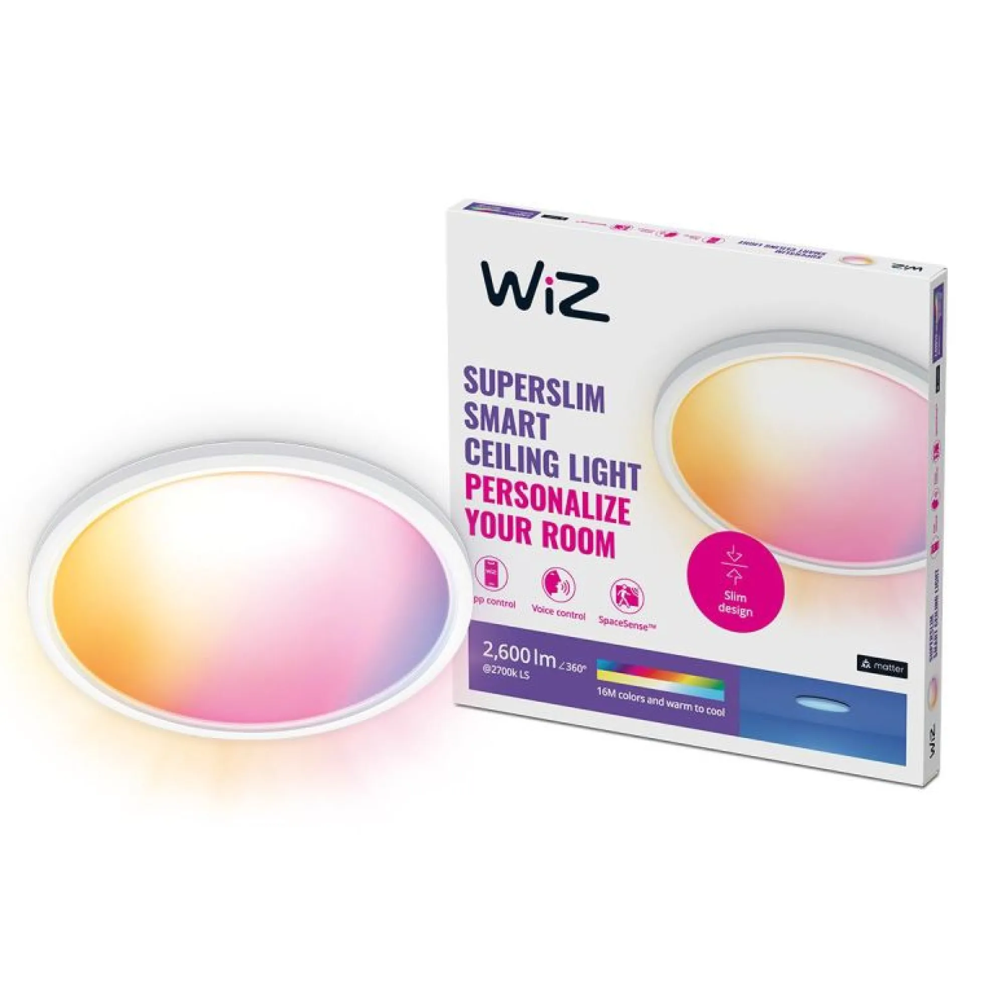 WiZ SuperSlim plafond, Color, Ø43, 118lm, 22W, WiFi/Matter, hvid