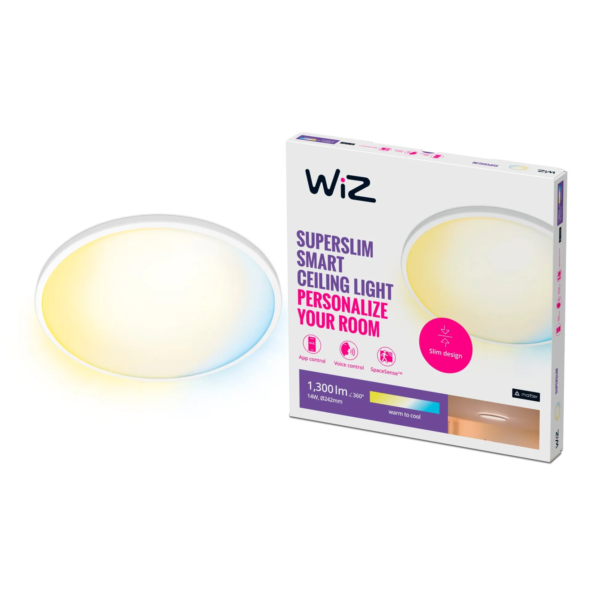 WiZ ultra tynd plafond, white ambiance, op til 2450 lm, hvid