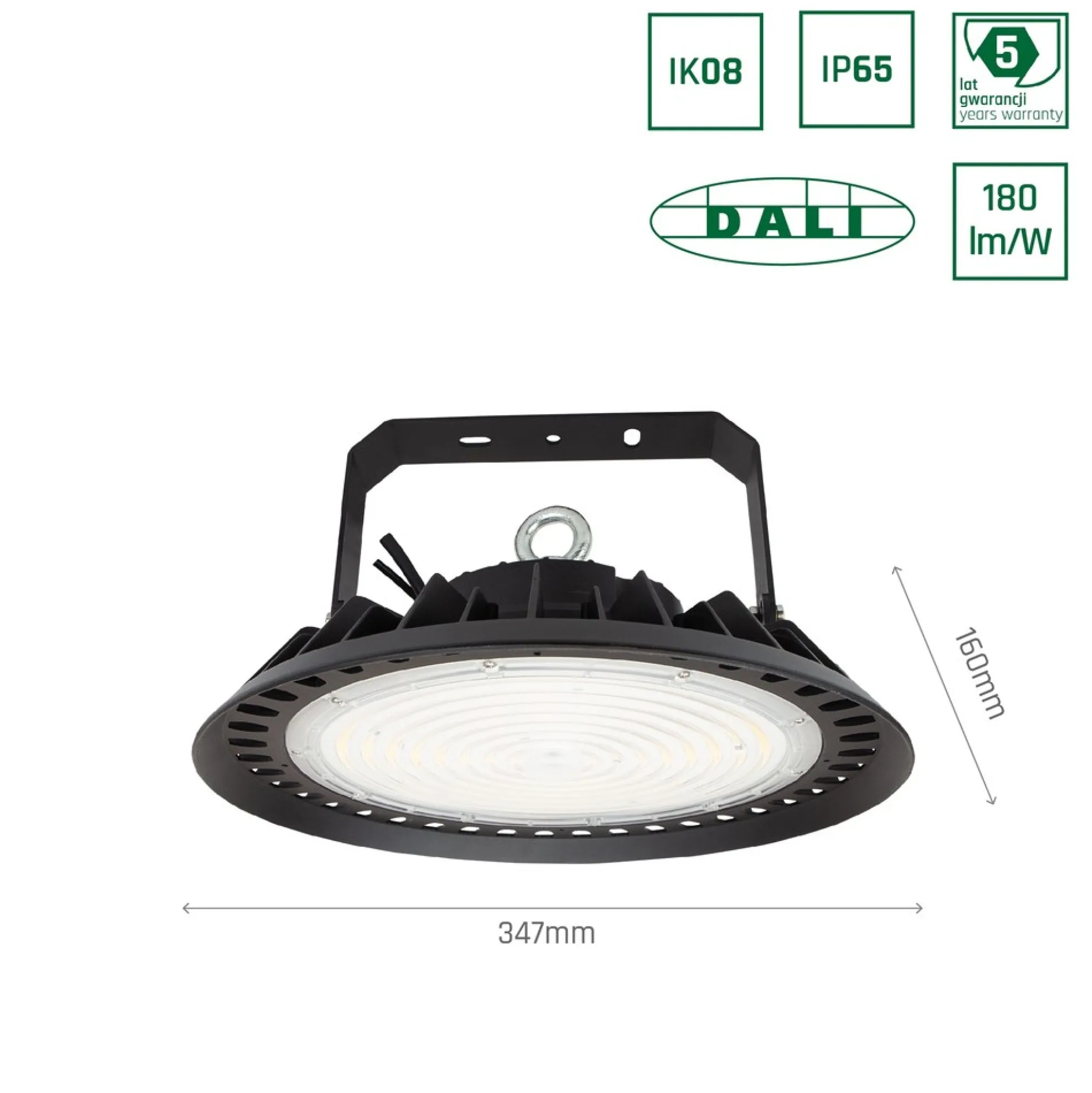 200W LED high bay, 180lm/W, DALI dæmpbar, 90 grader, IP65, IK08, sort kabinet, 4000K