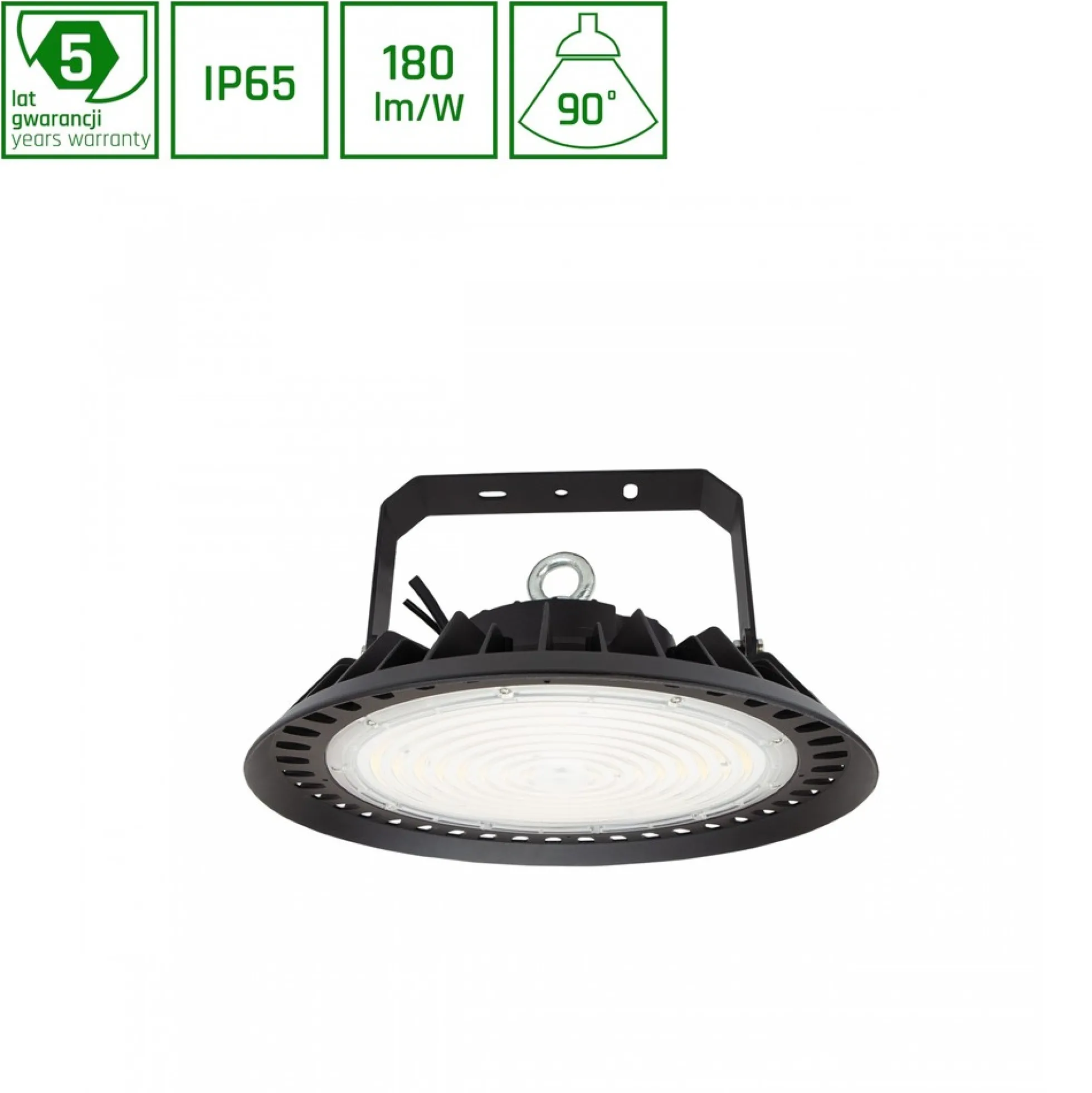 200W LED high bay, 180lm/W, DALI dæmpbar, 90 grader, IP65, IK08, sort kabinet, 4000K