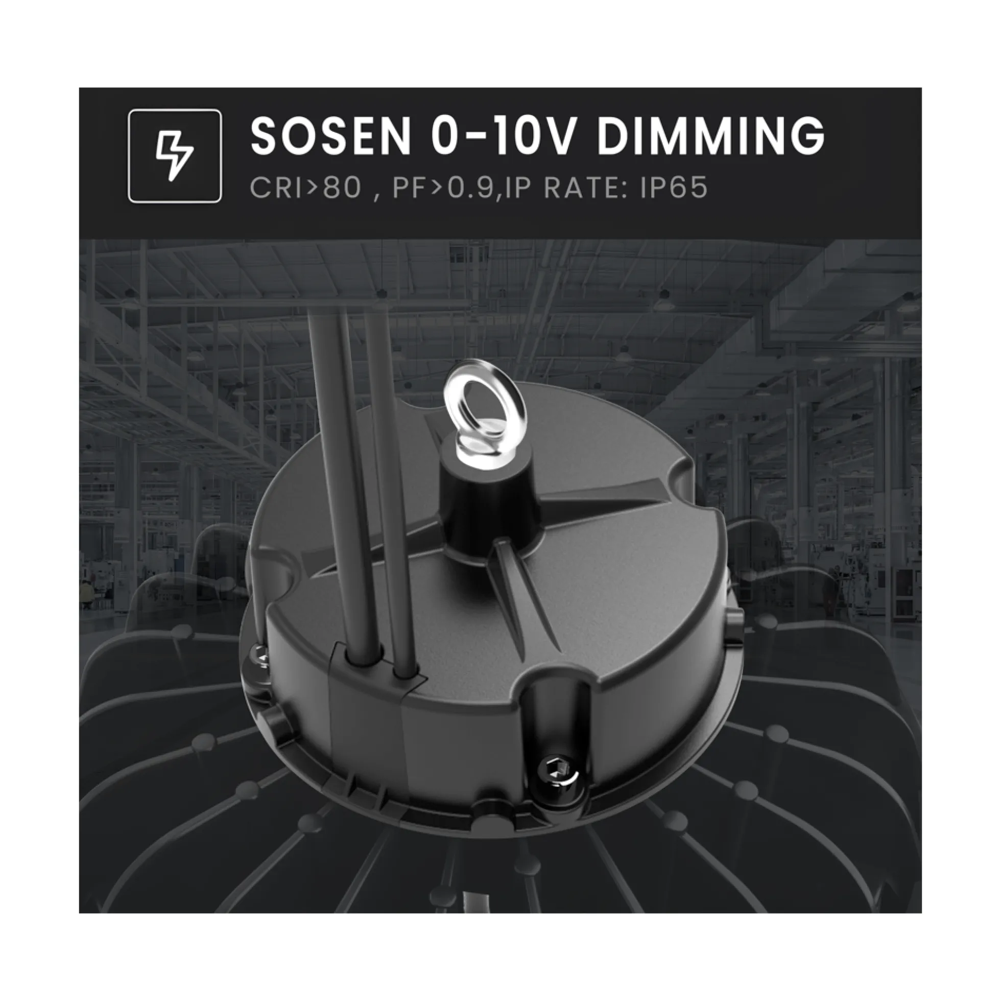 200W LED high bay, 150lm/W, IP65, 0-10V dæmpbar, 3000K, 120° spredning, Ø324mm x H133mm