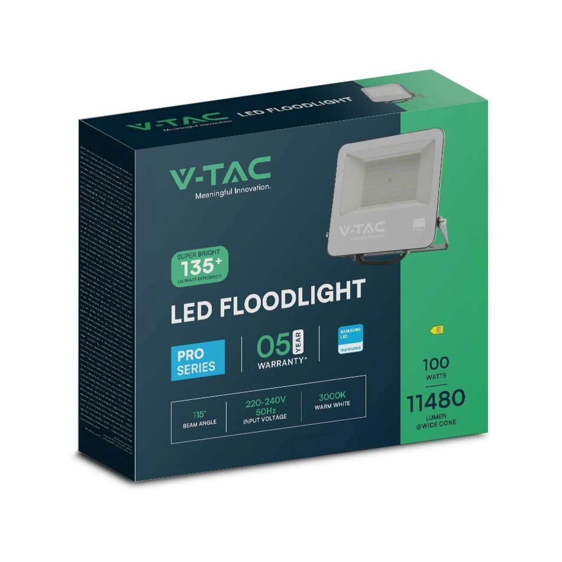 100W LED projektør, 135lm/W, Samsung LED chip, 1m ledning, udendørs, sort, 3000K - V-TAC
