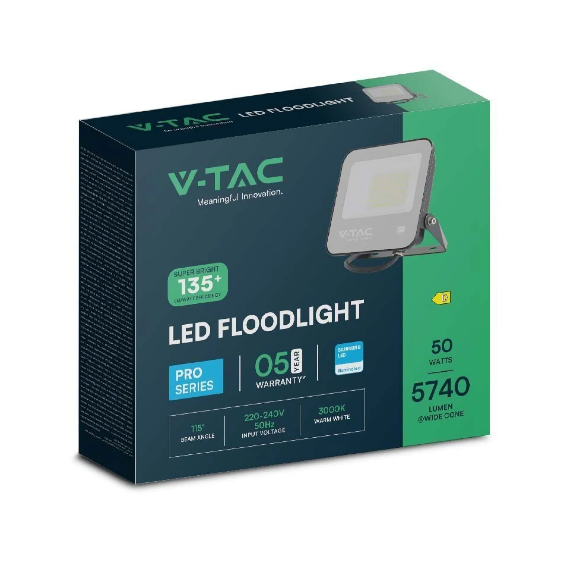 50W LED projektør, 135lm/W, Samsung LED chip, 1m ledning, udendørs, sort hus, neutral kulør