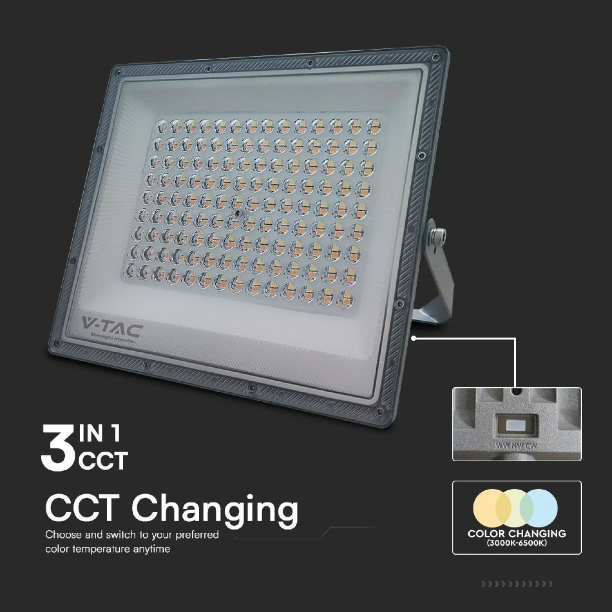 100W LED projektør, 3 lyskulører, udendørs, grå - VT-44100CCT.3i1