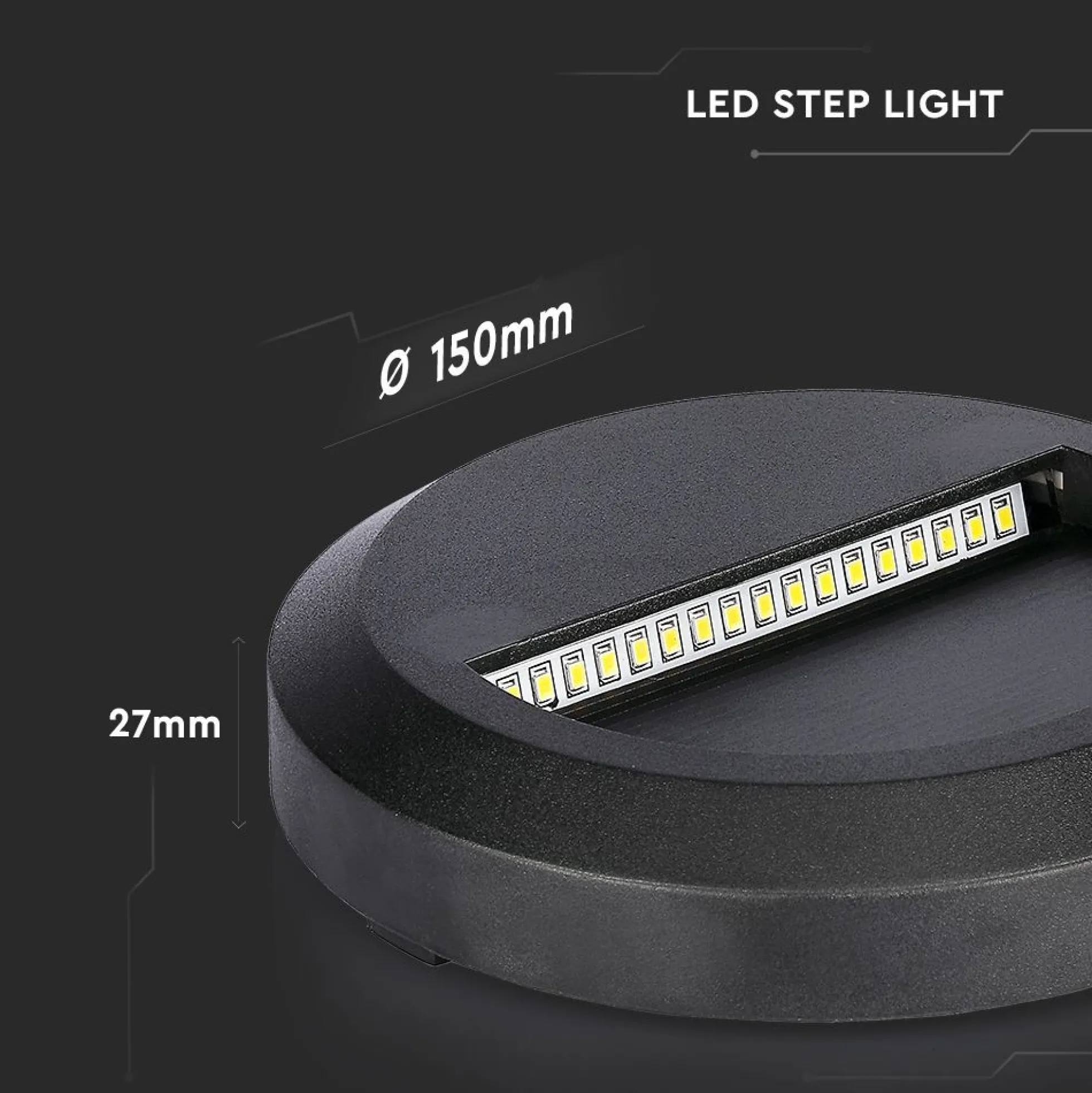 2W LED væglampe til trapper, rund, sort, 4000K, 80 lumen, Ø15 cm, til indendørs og udendørs brug
