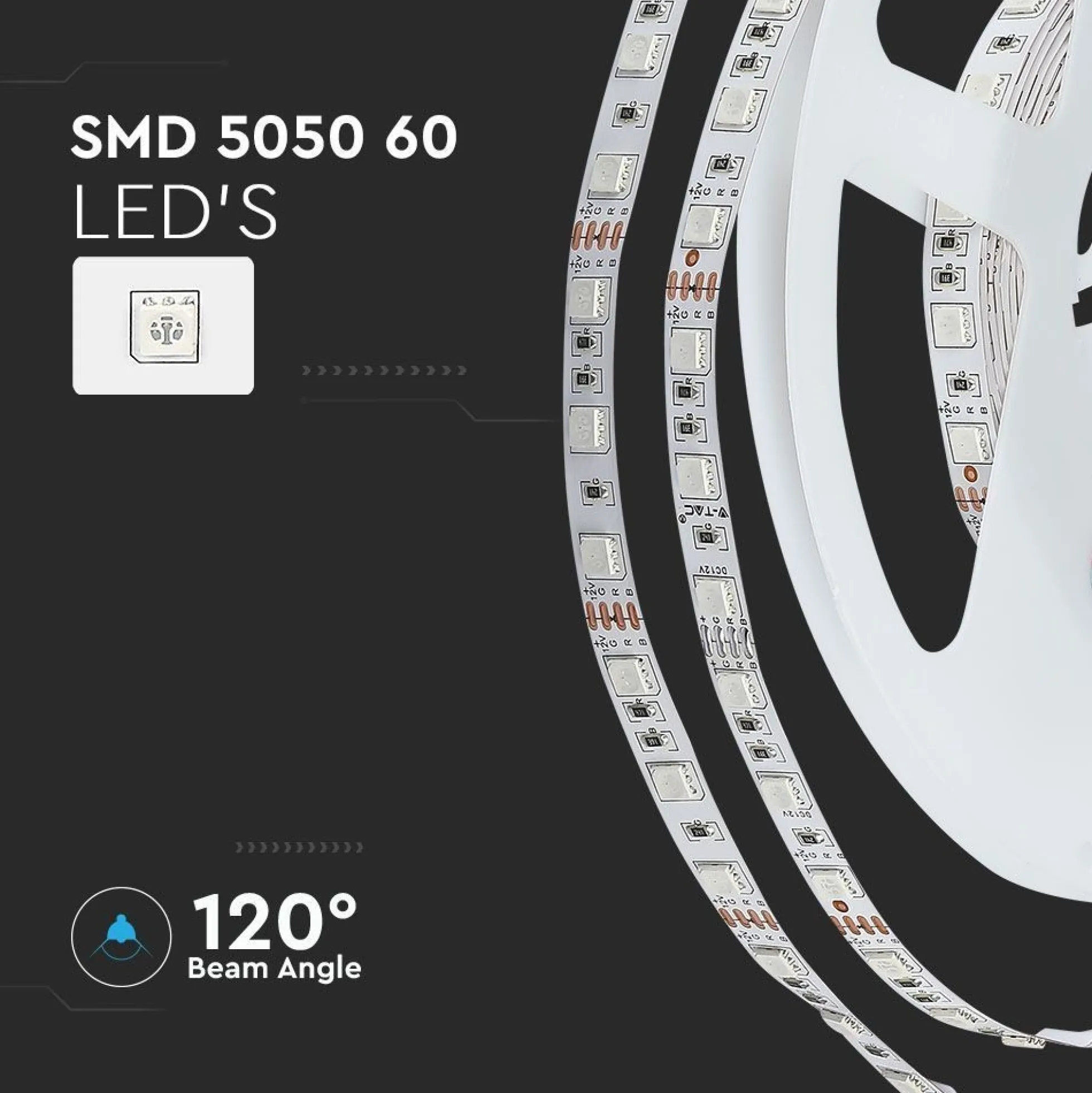 7W/m RGB LED strip sæt, 5 meter, 12V DC, IP20, 60 LED pr. meter - V-Tac