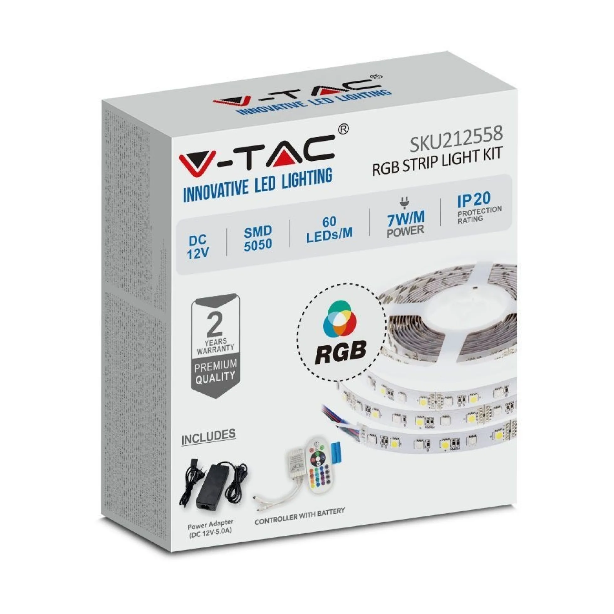 7W/m RGB LED strip sæt, 5 meter, 12V DC, IP20, 60 LED pr. meter - V-Tac