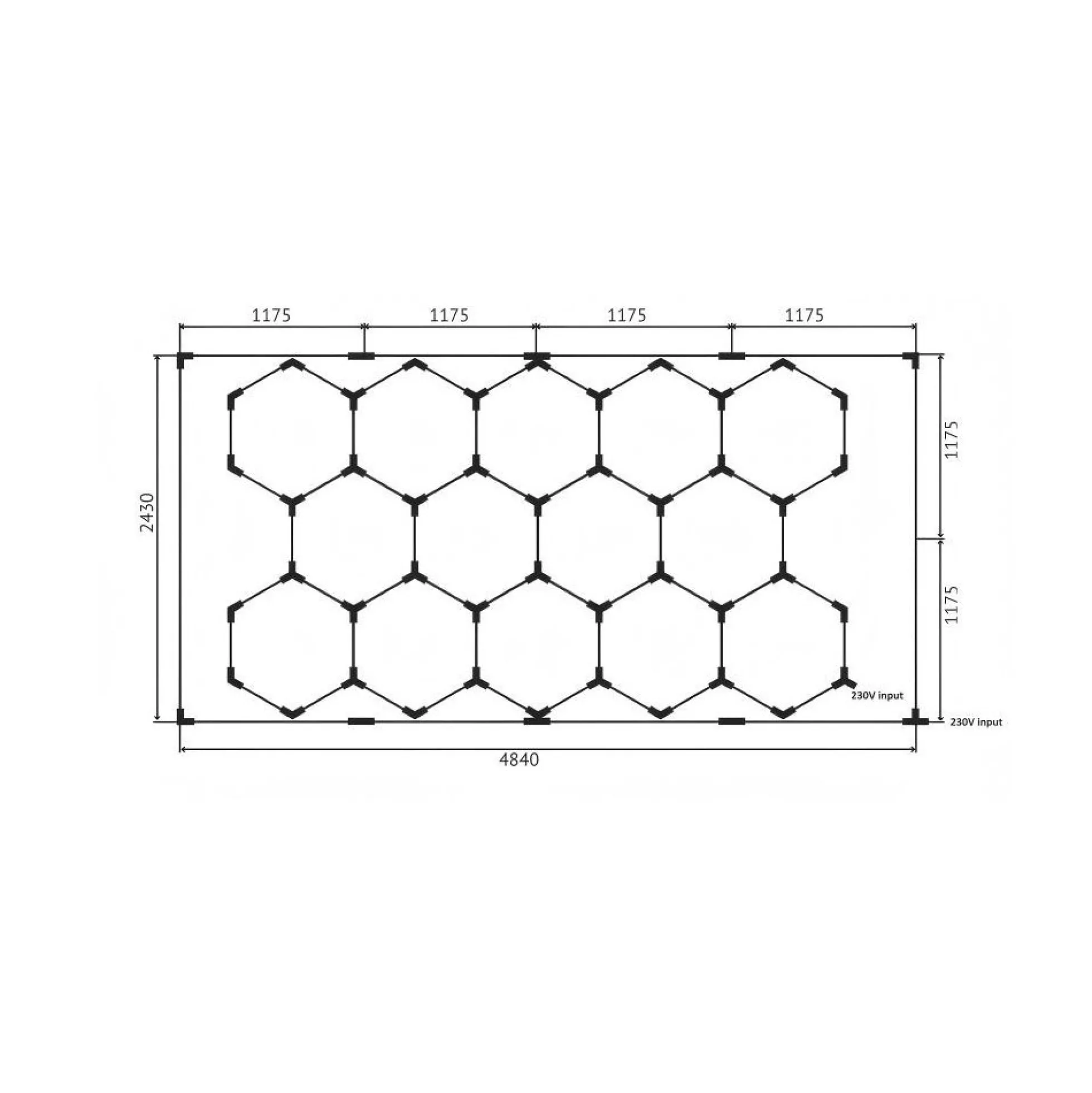 591W RA95 Hexagon LED 14 felter + ramme komplet sæt, Inkl. strømtilslutning, Ikke dæmpbar, 4000K