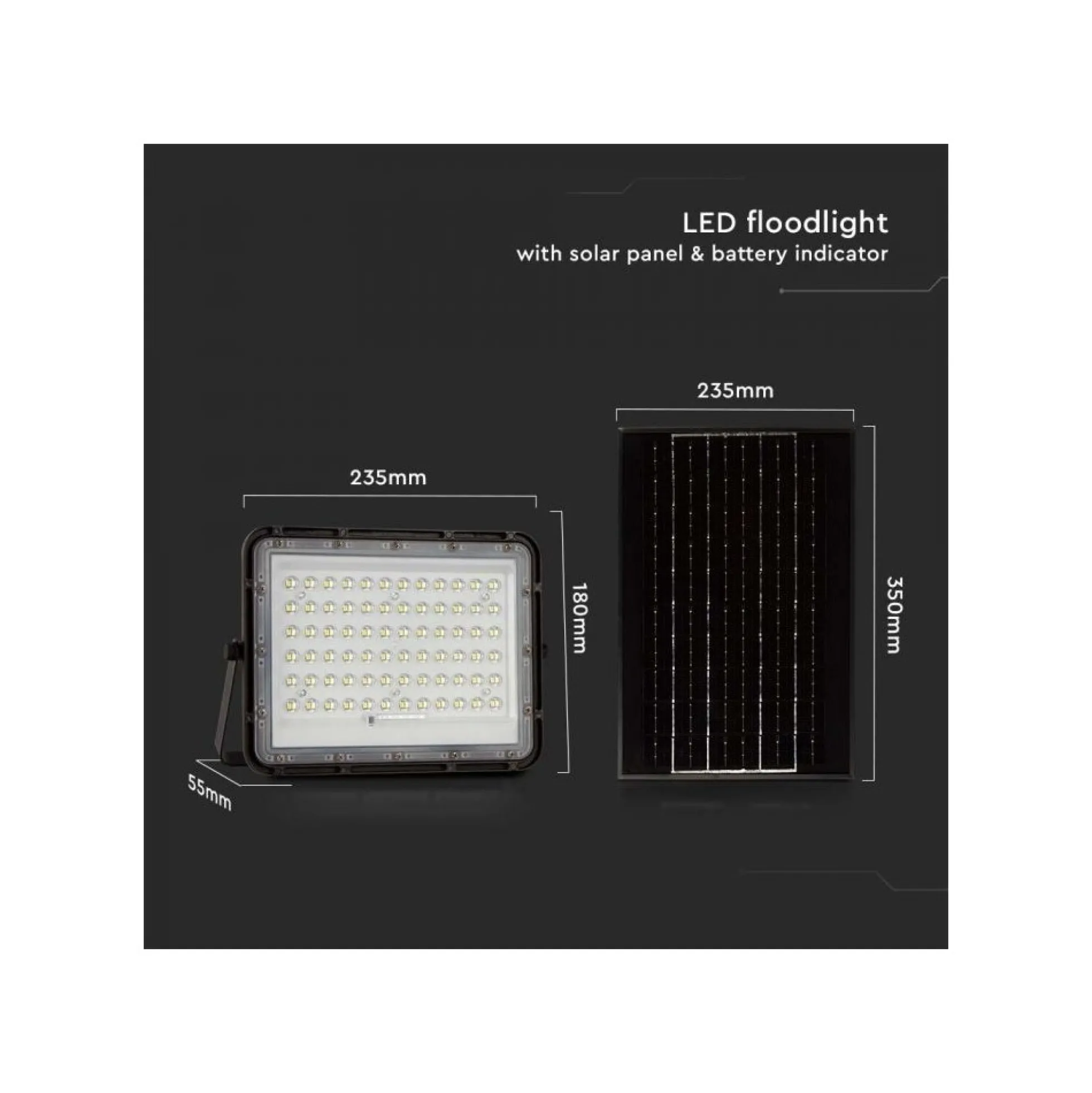 15W solcelle projektør LED, IP65, 1200 lumens, 4000K, 235 x 180 mm, sort - V-Tac