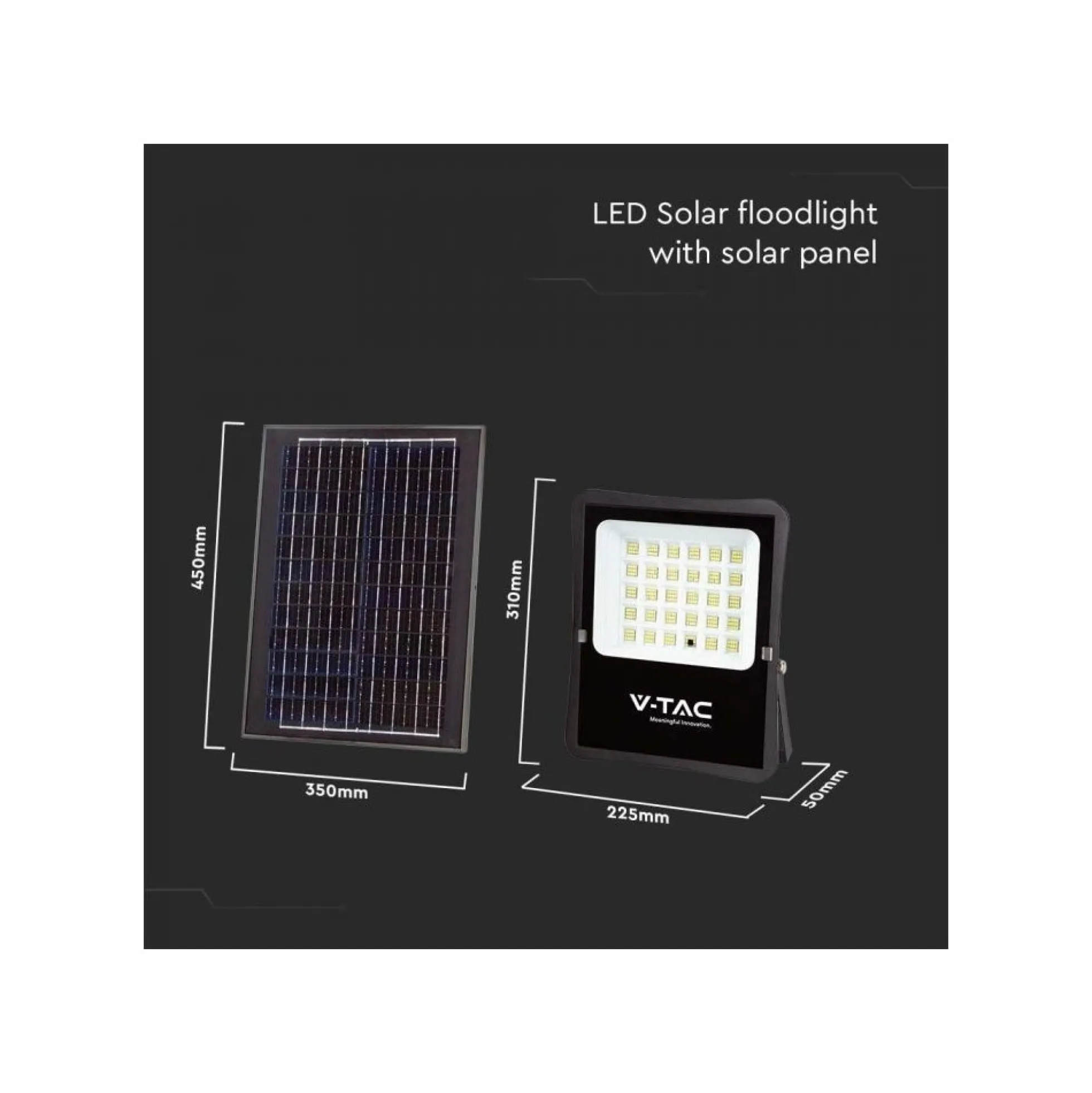 50W Solcelle projektør LED, IP65, sort, 4200 lumen, 4000K, 120 graders spredning, 437 x 356 mm - V-Tac
