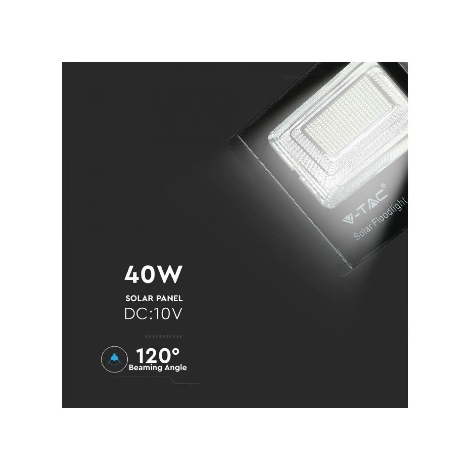 40W solcelle projektør LED, IP65, sort, inkl. solcelle og fjernbetjening, neutral kulør